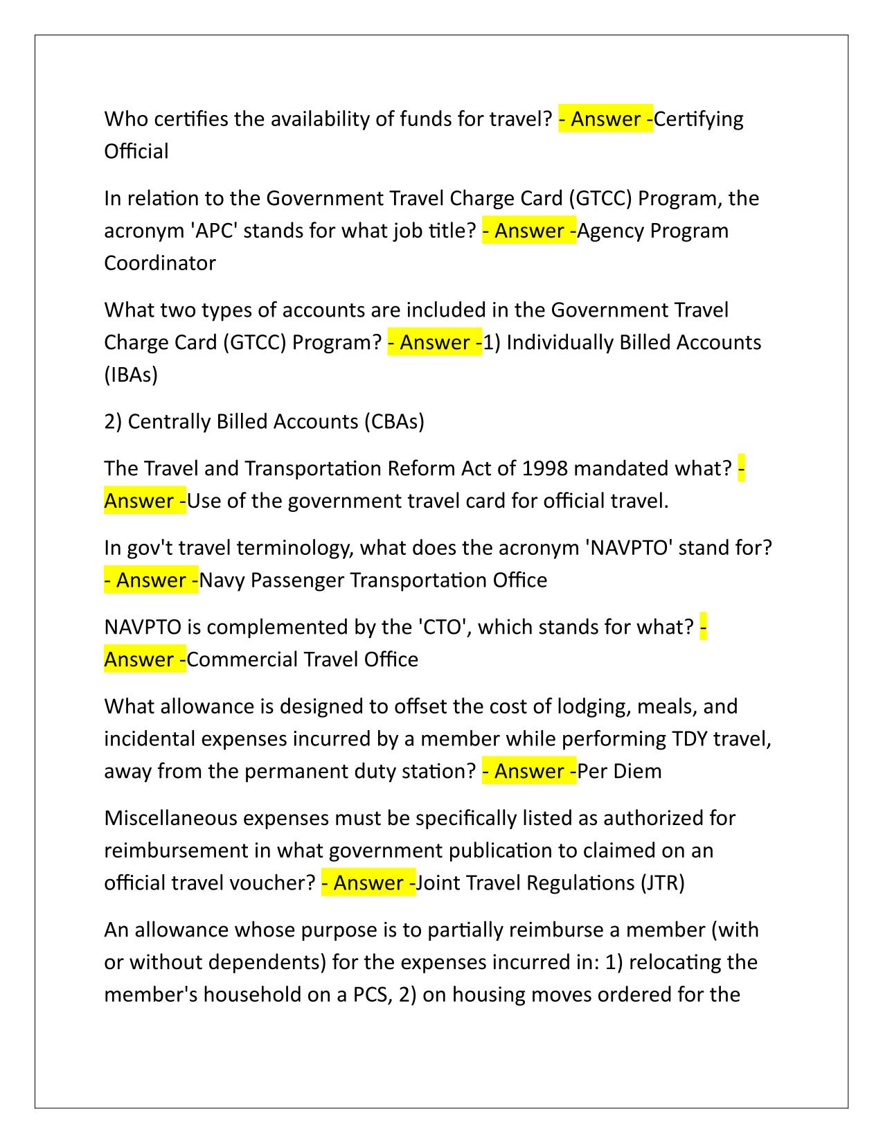 NAVEDTRA 15009B, YEOMAN (YN), CHAPTER 5, TRAVEL EXAM Q&A Latest