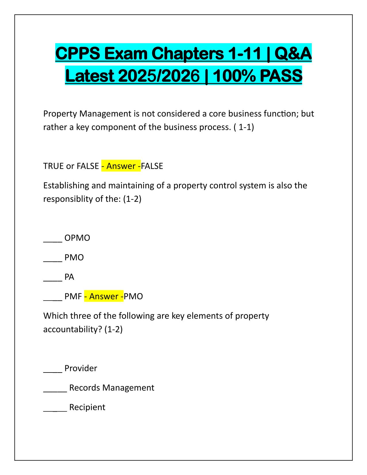 CPPS Exam Chapters 1-11 Q&A Latest Update