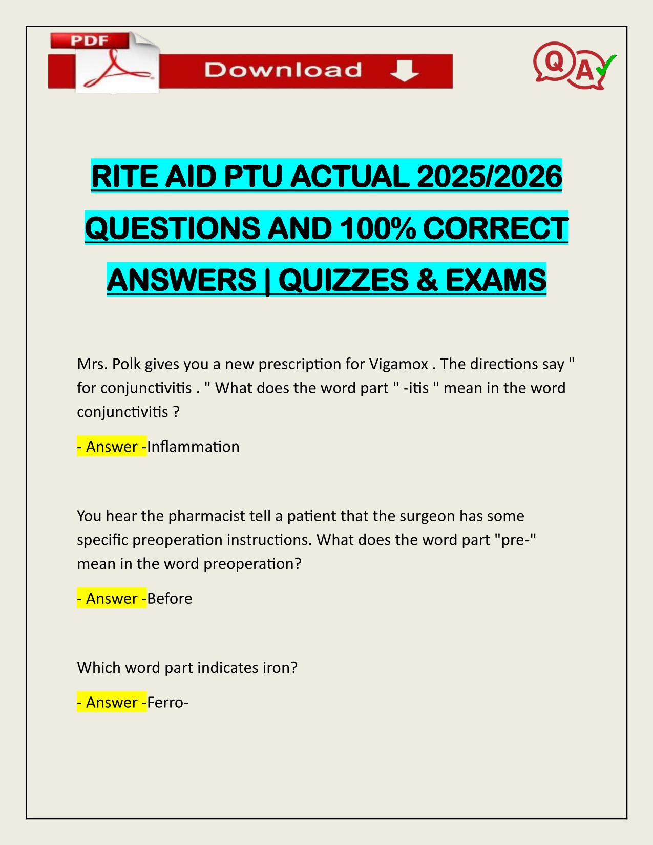 RITE AID PTU ACTUAL 2025/2026 Q&A 100% PASS
