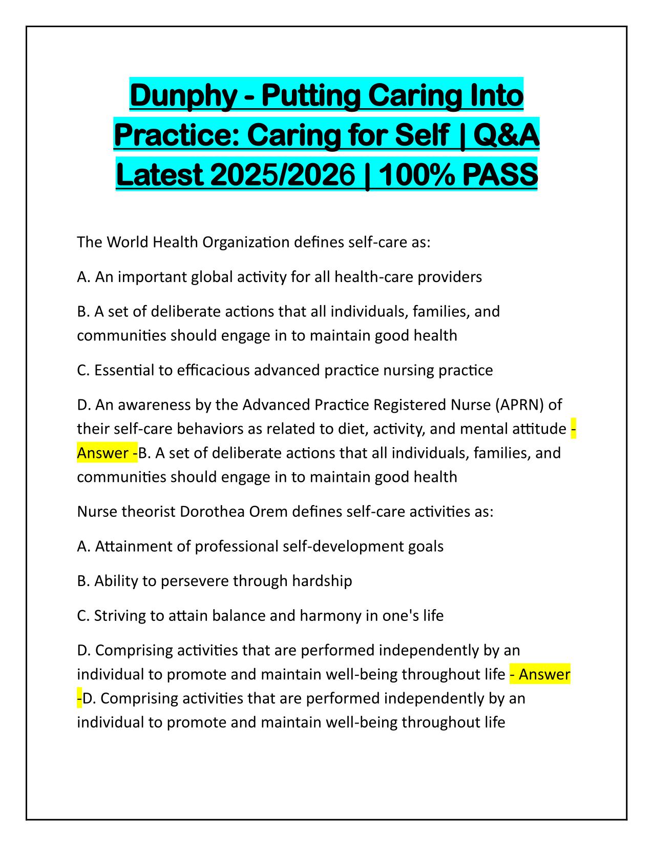 Dunphy - Putting Caring Into Practice: Caring for Self Q&A Latest Update