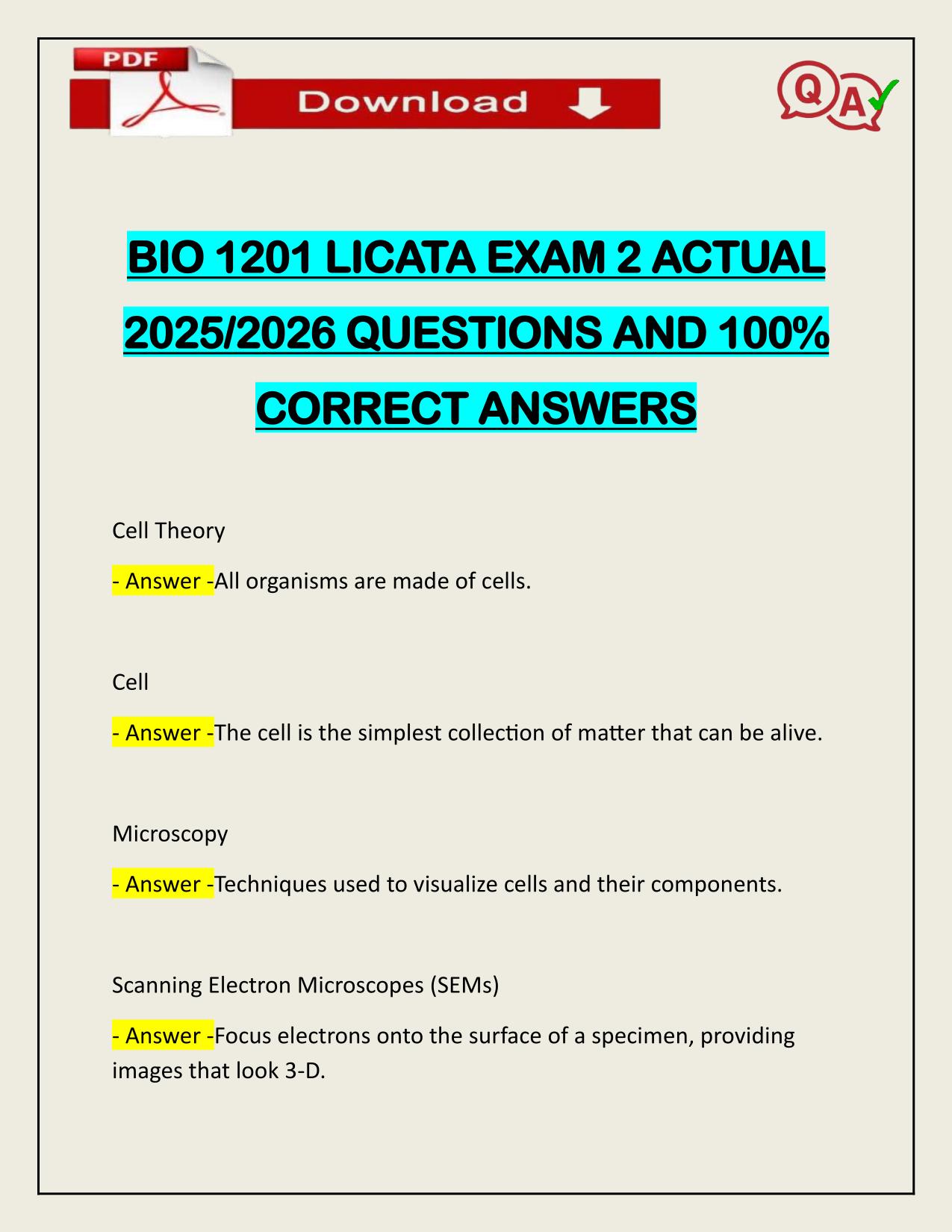 BIO 1201 LICATA EXAM 2 ACTUAL 2025/2026 QUESTIONS AND 100% CORRECT ANSWERS