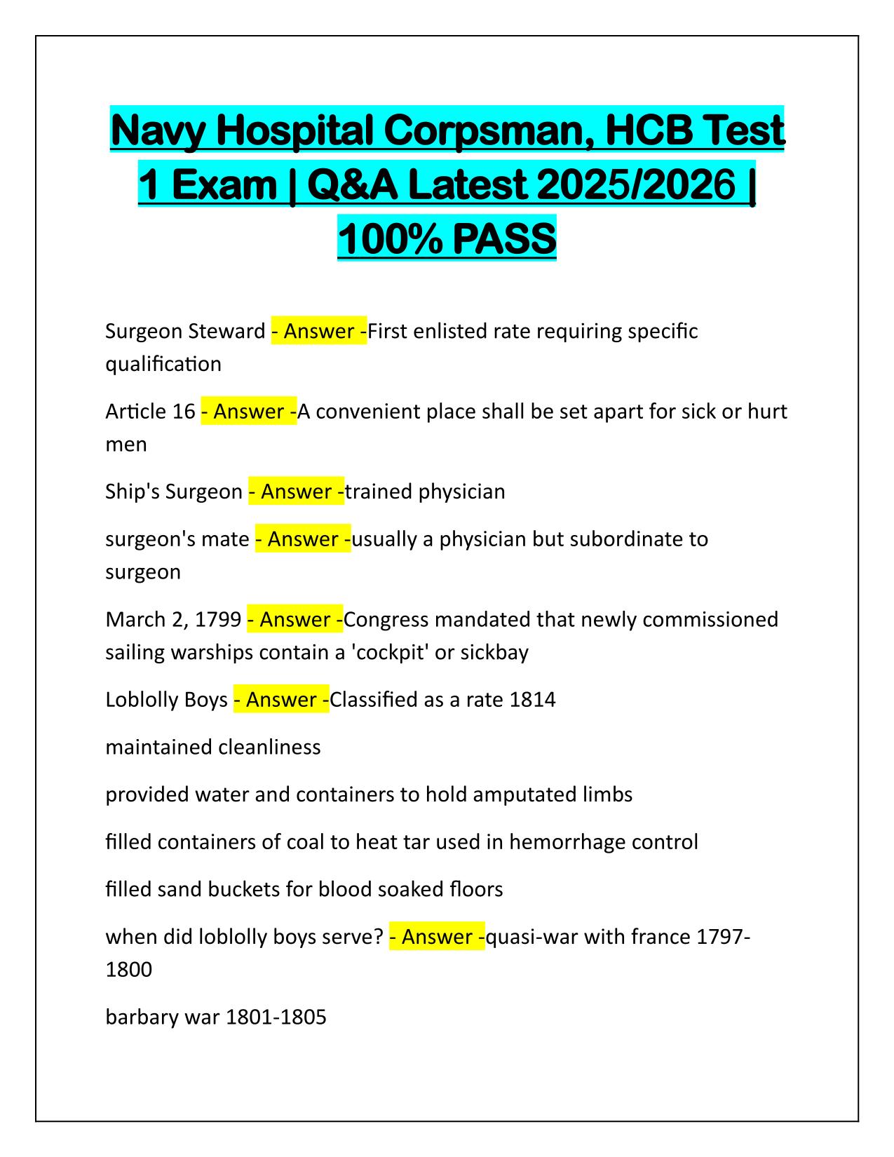 Navy Hospital Corpsman, HCB Test 1 Exam Q&A Latest Update