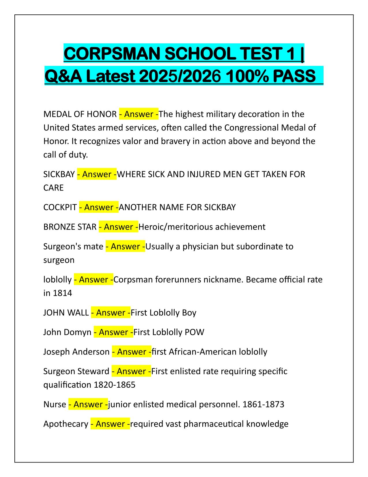 CORPSMAN SCHOOL TEST 1 Q&A Latest Update