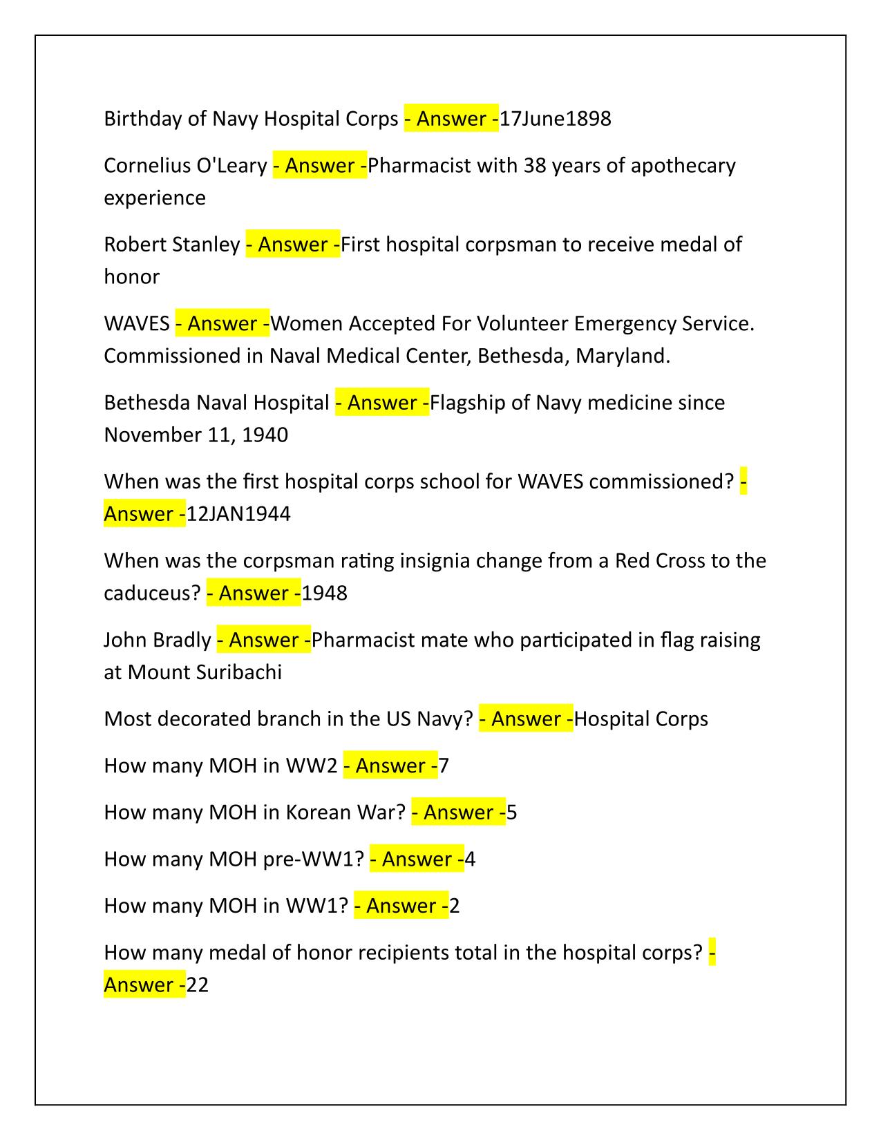 CORPSMAN SCHOOL TEST 1 Q&A Latest Update