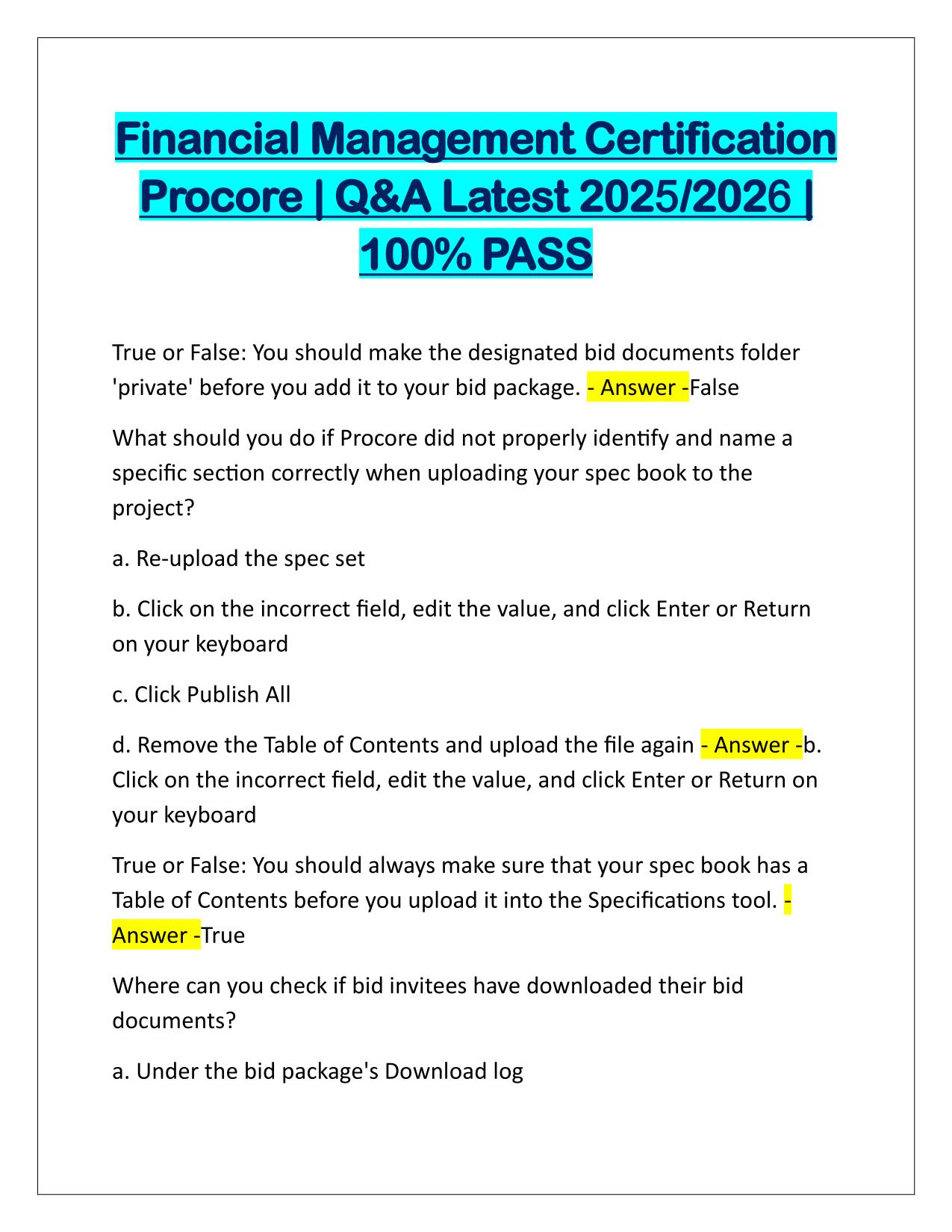 Financial Management Certification Procore Q&A Latest Update 2025
