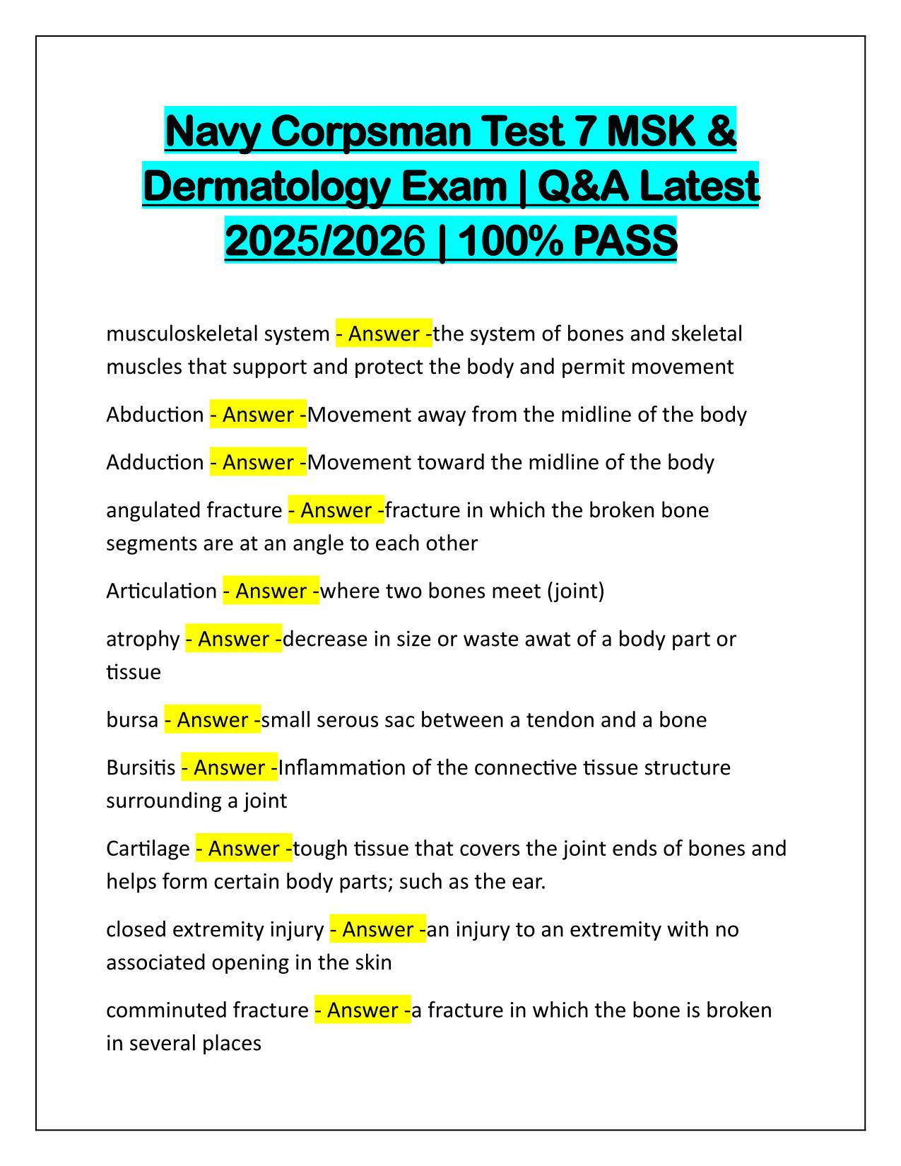 Navy Corpsman Test 7 MSK & Dermatology Exam Q&A Latest Update