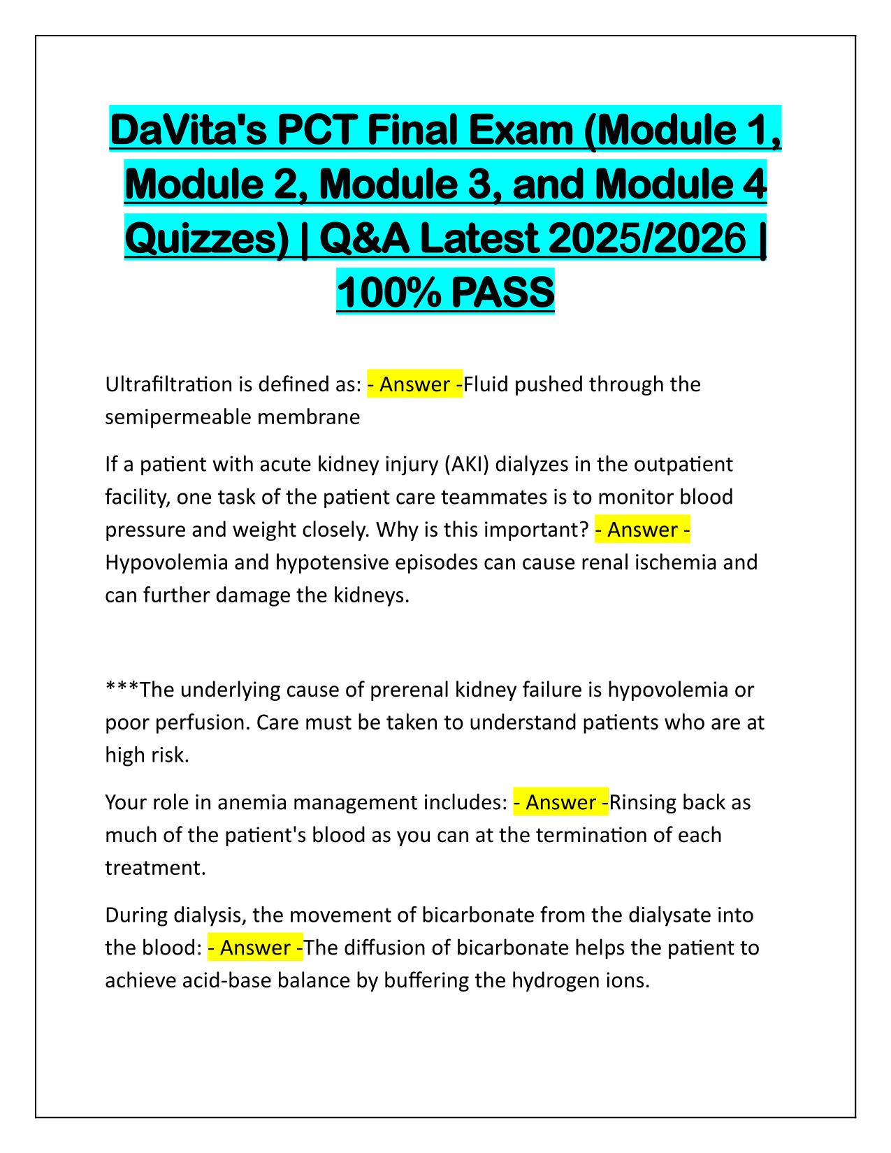 DaVita's PCT Final Exam (Module 1 to 4 Quizzes) Q&A Latest Update