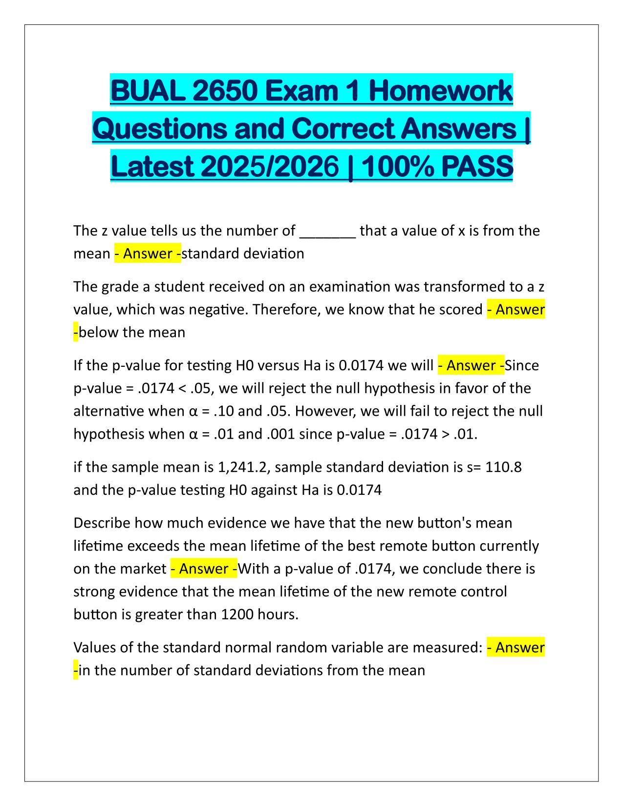 BUAL 2650 Exam 1 Homework Q&A Latest Update