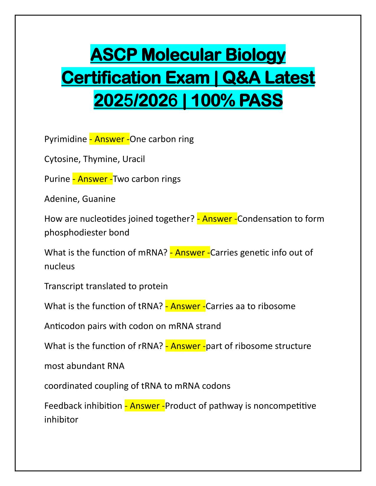 ASCP Molecular Biology Certification Exam Correctly Answered 100% PASS