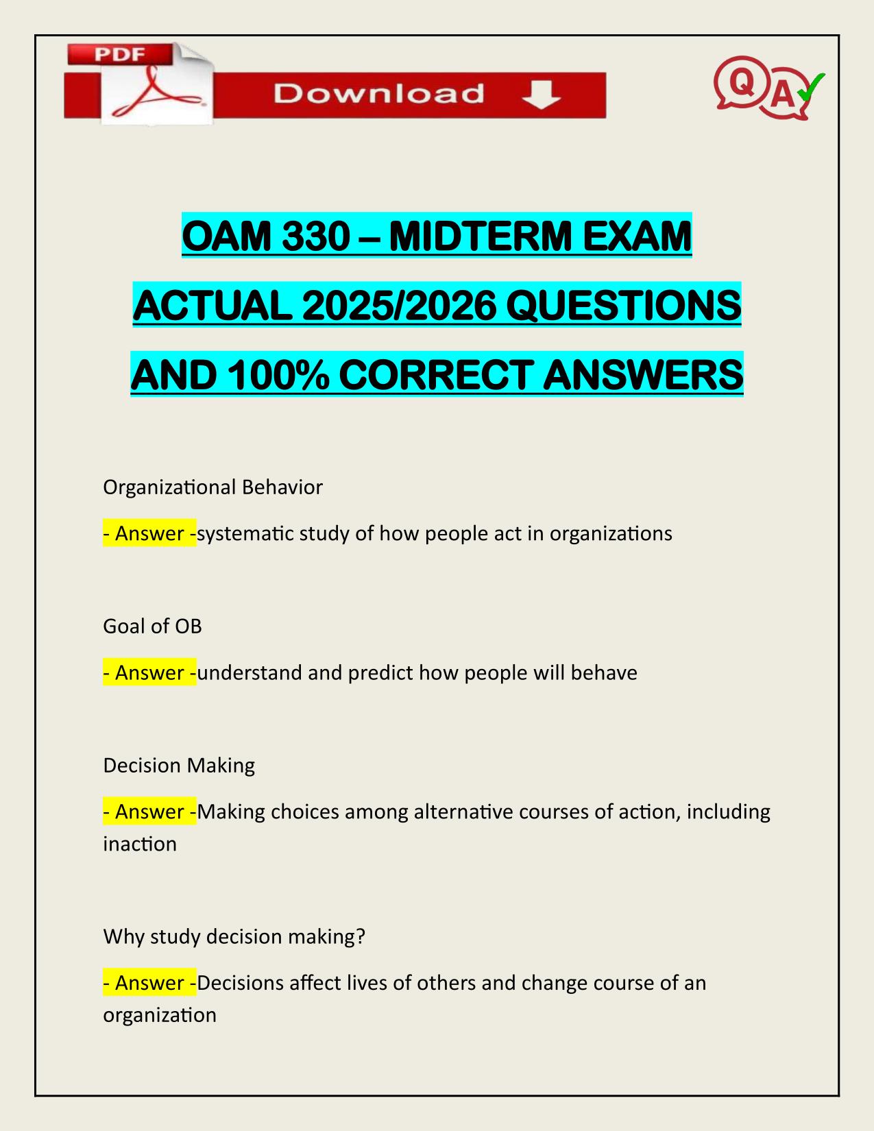 OAM 330 – MIDTERM EXAM ACTUAL 2025/2026 UPDATE