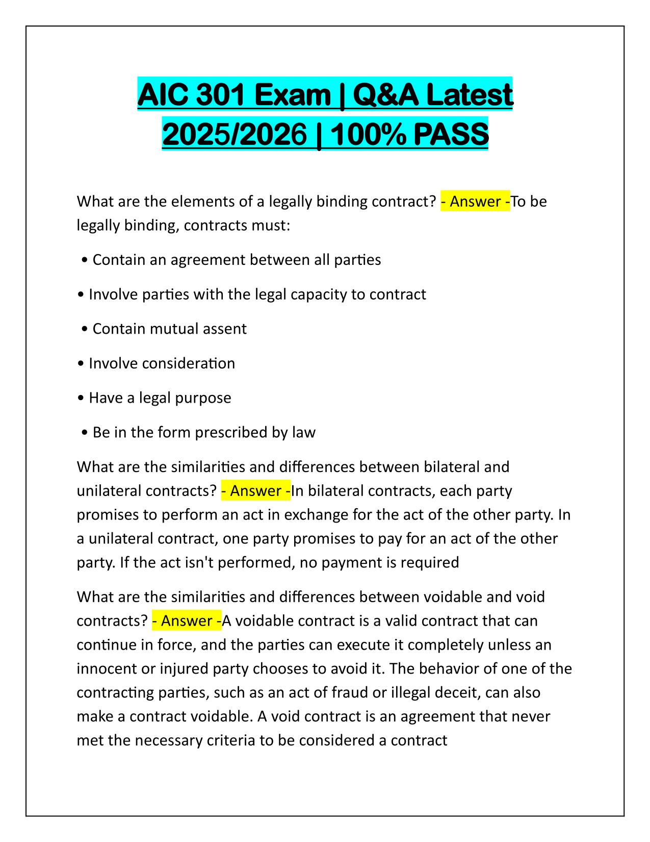 AIC 301 Exam Correctly Answered Latest Update