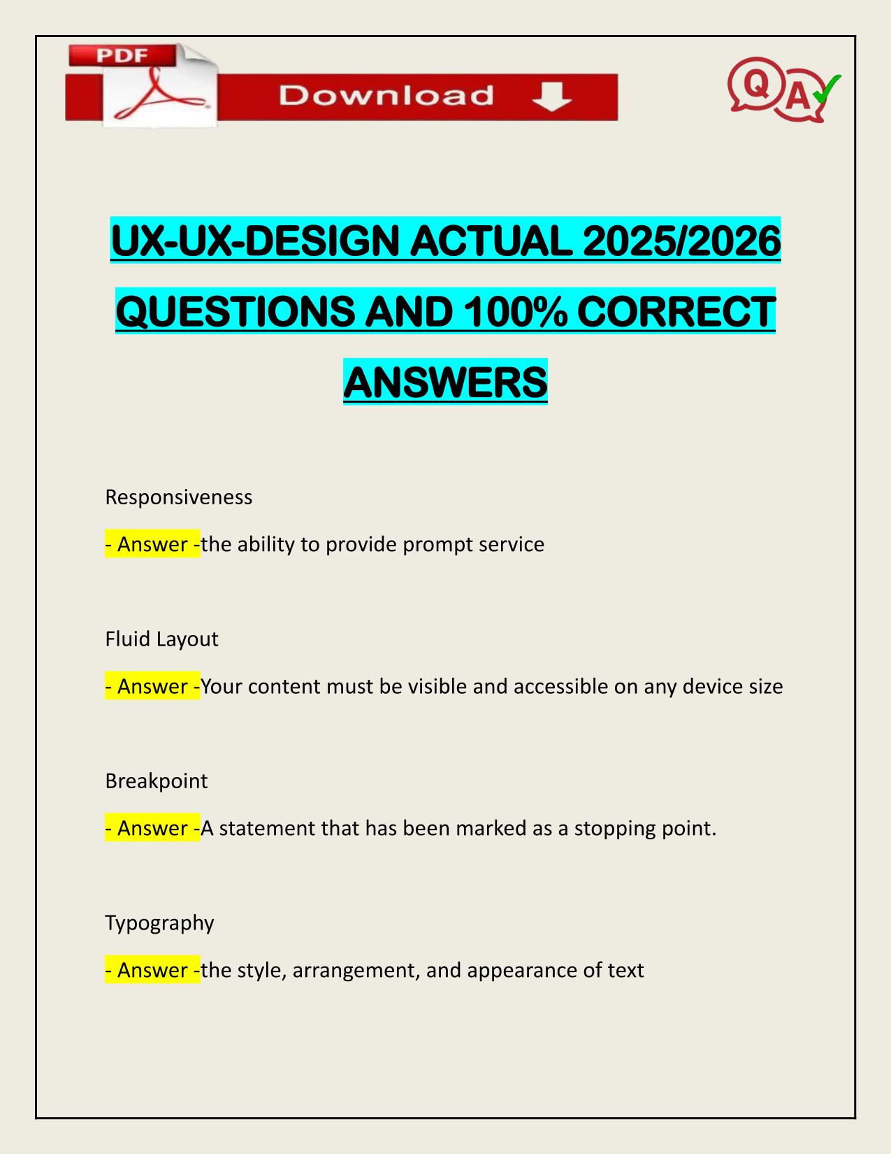 BUNDLE FOR UI/UX DESIGN EXAMS ACTUAL 2025/2026 CORRECTLY ANSWERED