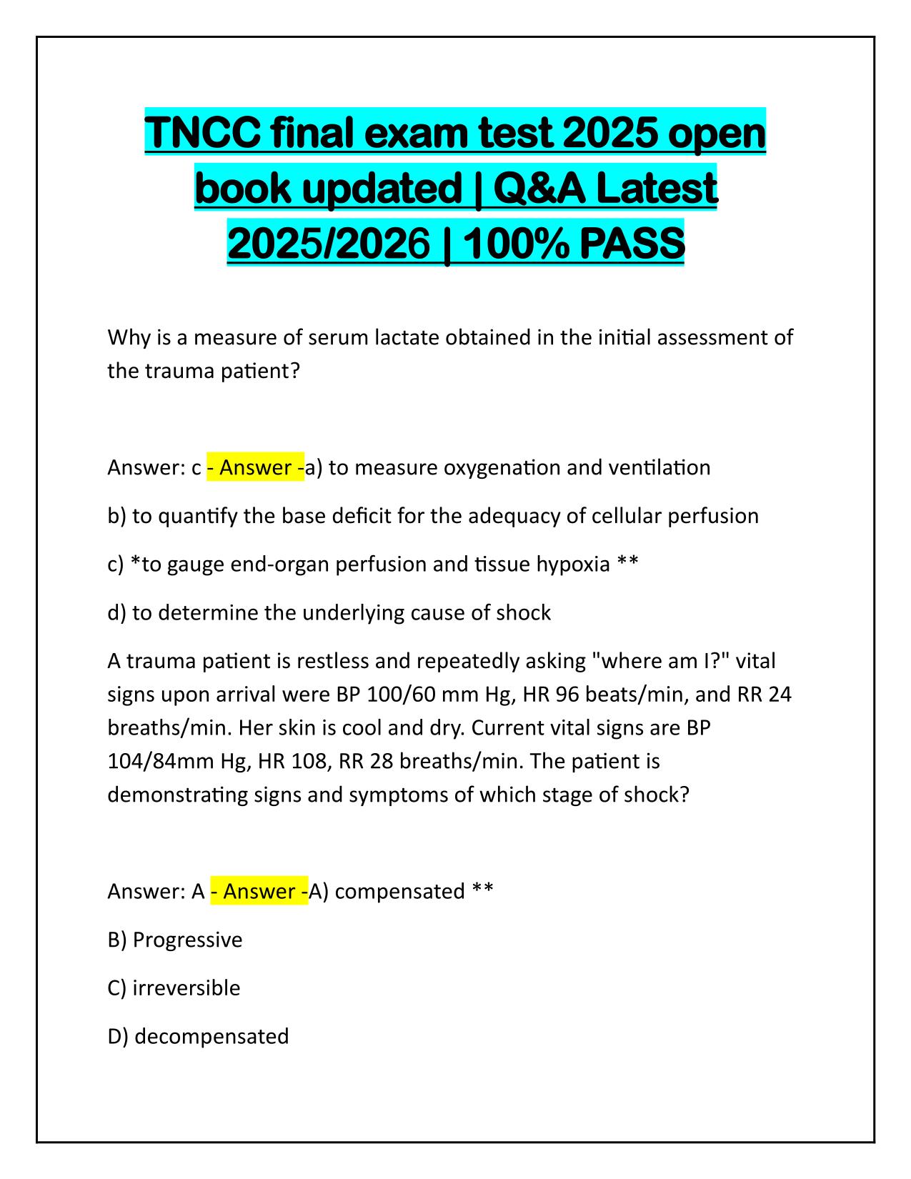 TNCC final exam test 2025 open book updated Q&A
