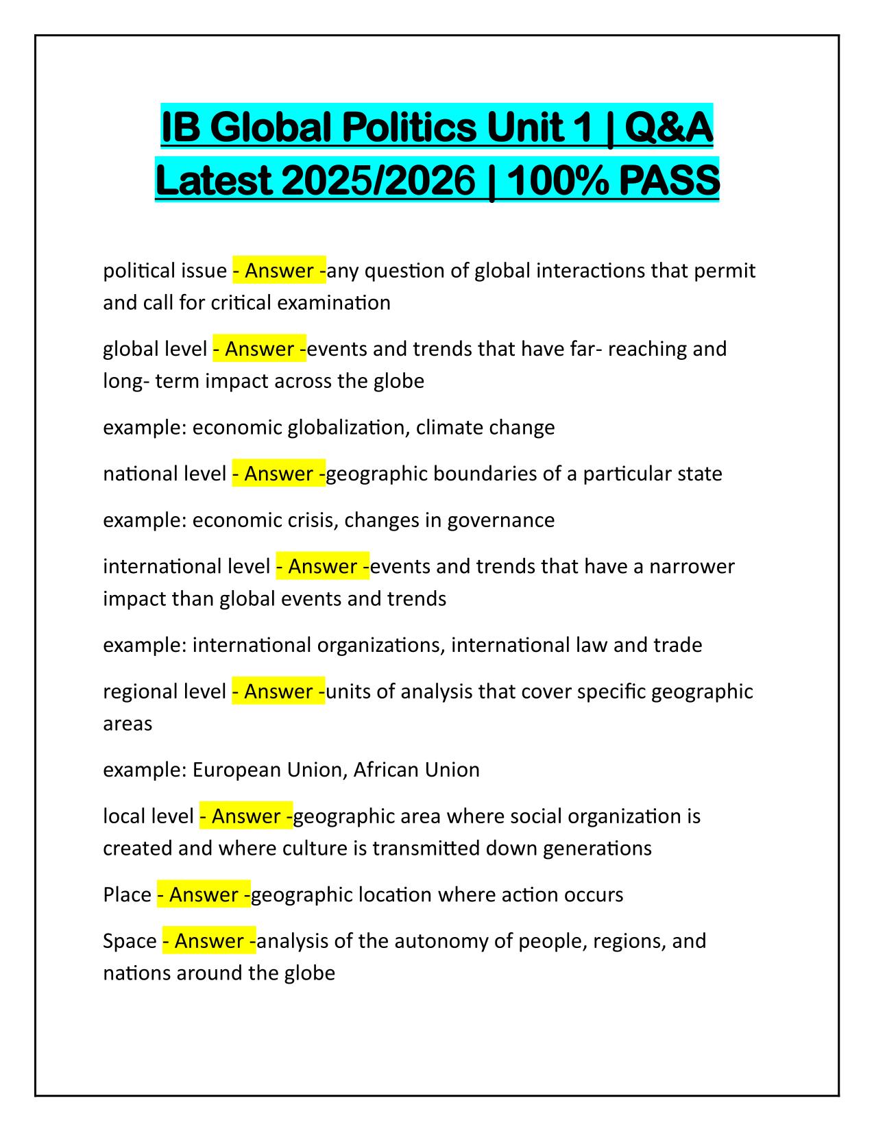 IB Global Politics Unit 1 Q&A Latest Update