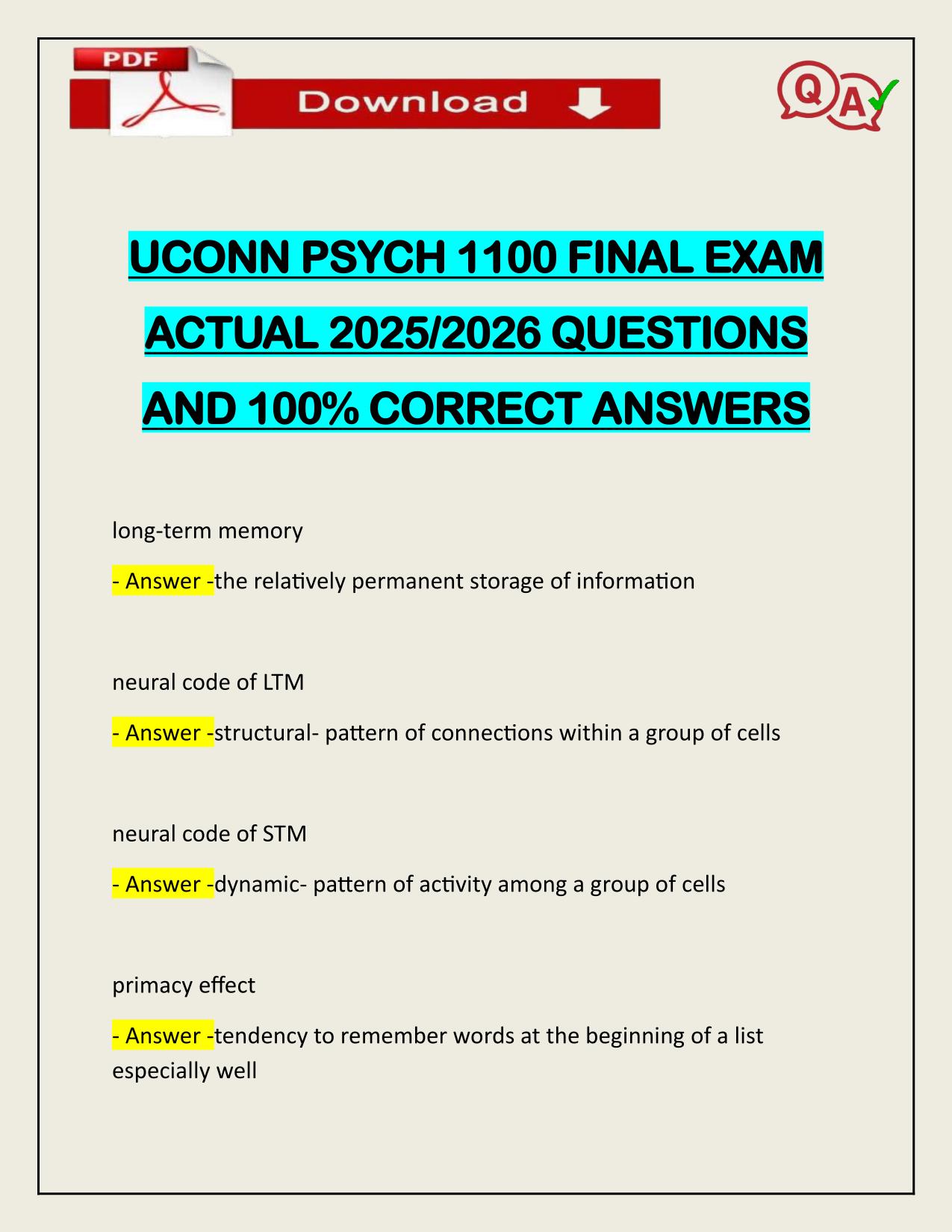 BUNDLE FOR UCONN PSYCH 1100 EXAMS ACTUAL 2025/2026 CORRECTLY ANSWERED