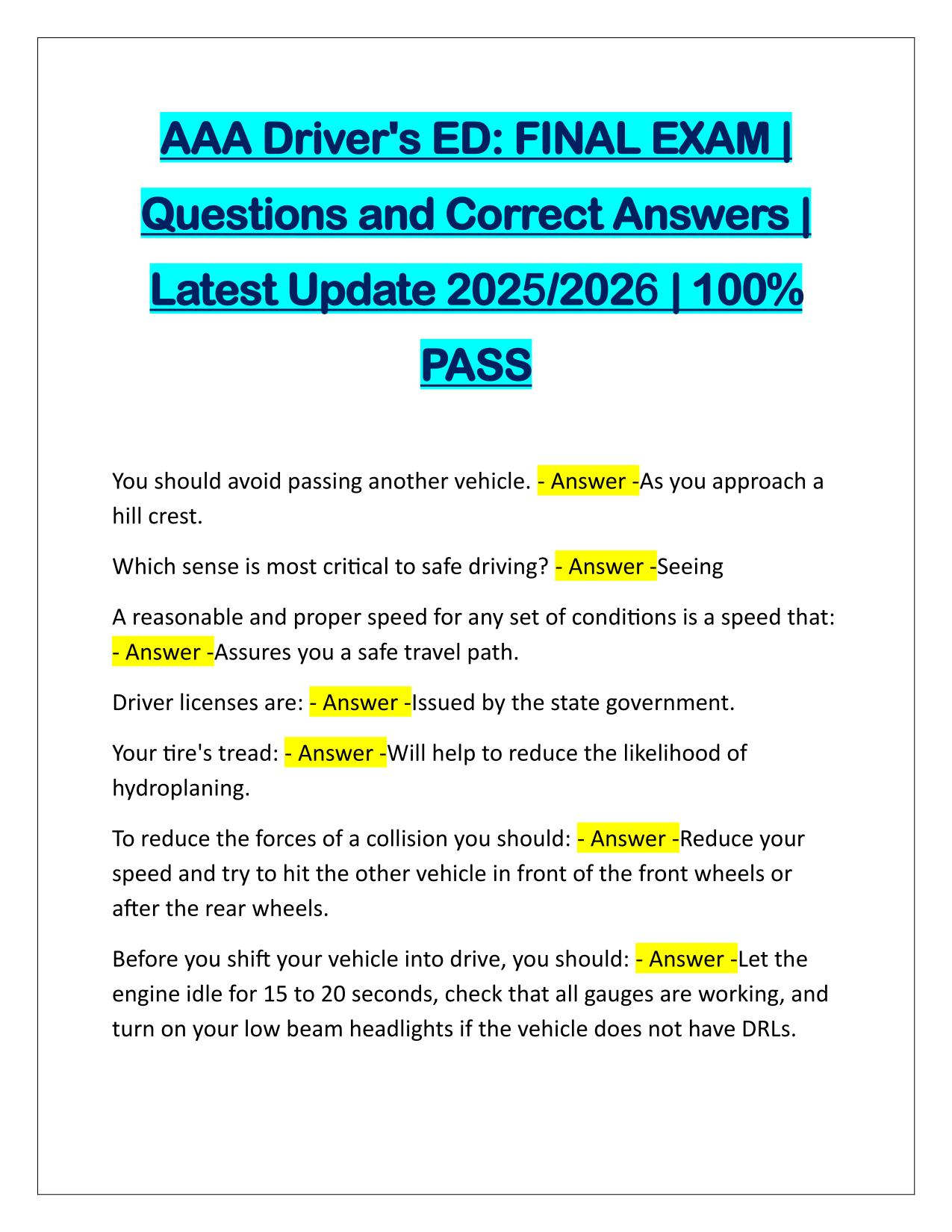 Bundle for Triple AAA Drivers Ed EXAMS Correctly Answered Latest Update