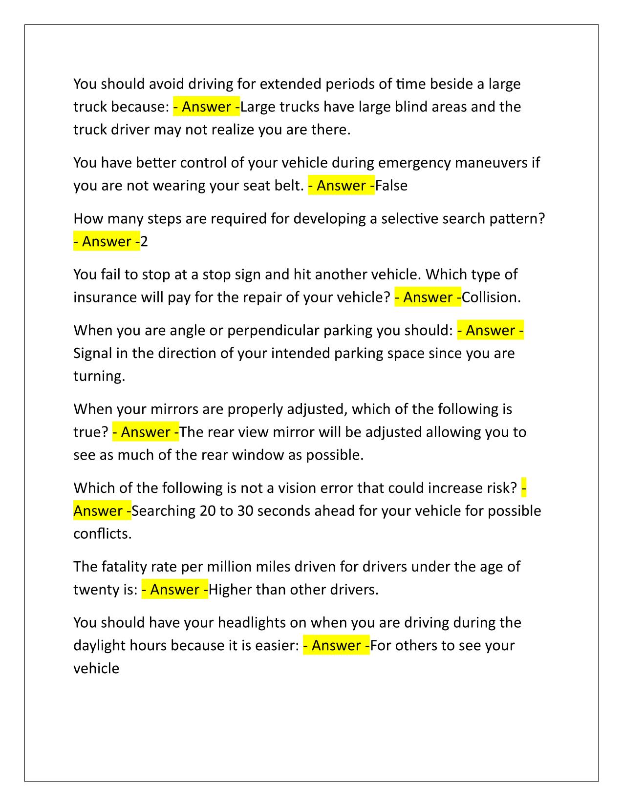 AAA Drivers ED FINAL EXAM Questions and Answers Latest