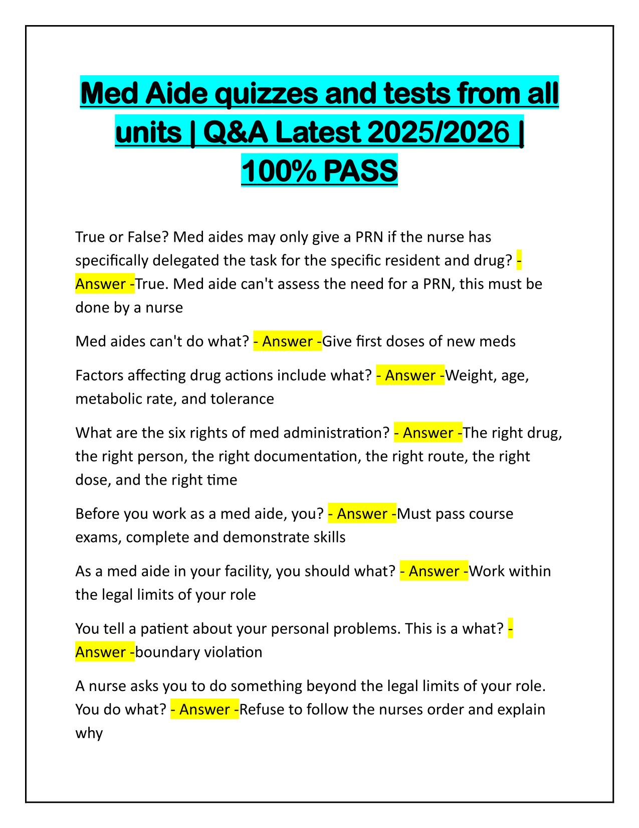 Med Aide quizzes and tests from all units with Correct Answers 2025 Update
