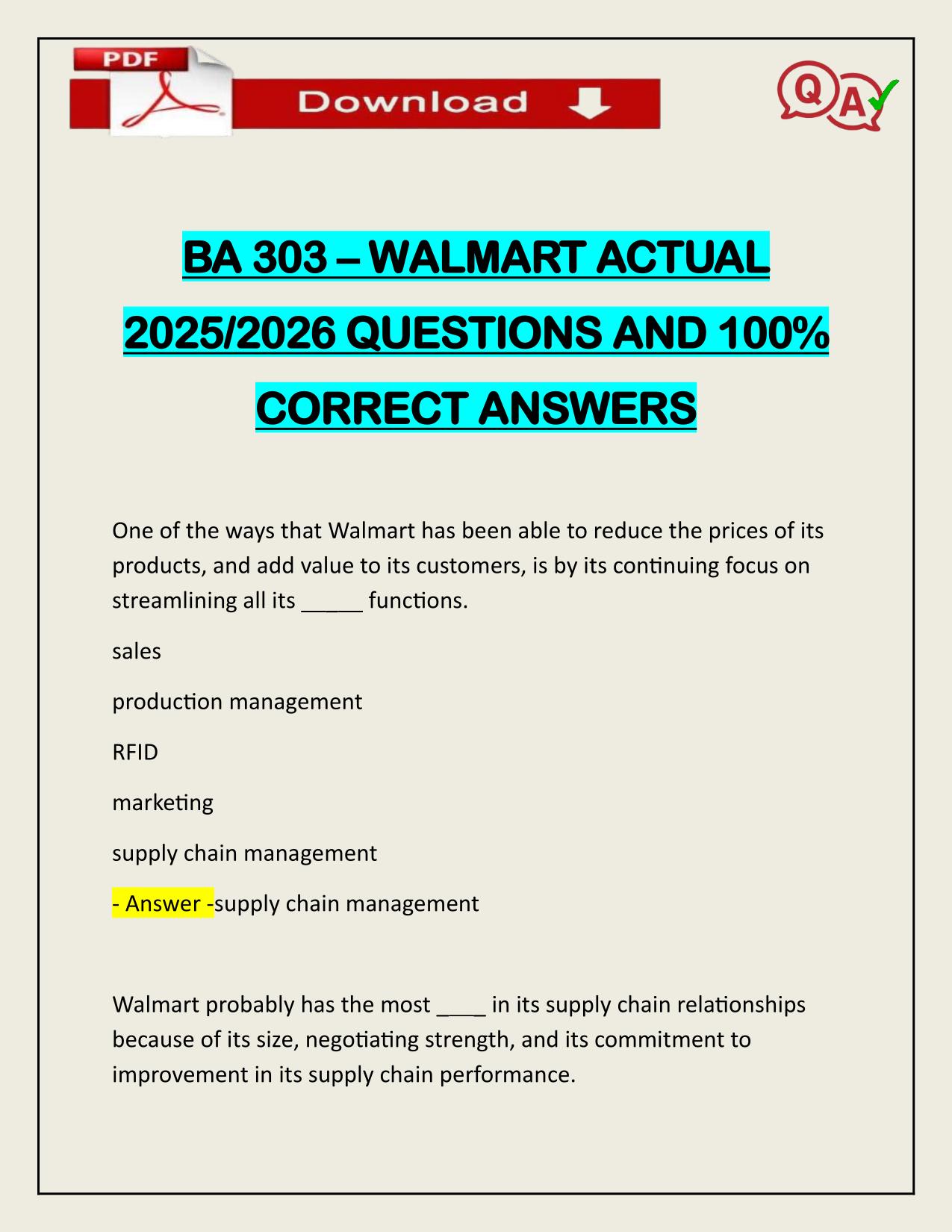 BA 303 – WALMART ACTUAL 2025/2026 QUESTIONS AND 100% CORRECT ANSWERS