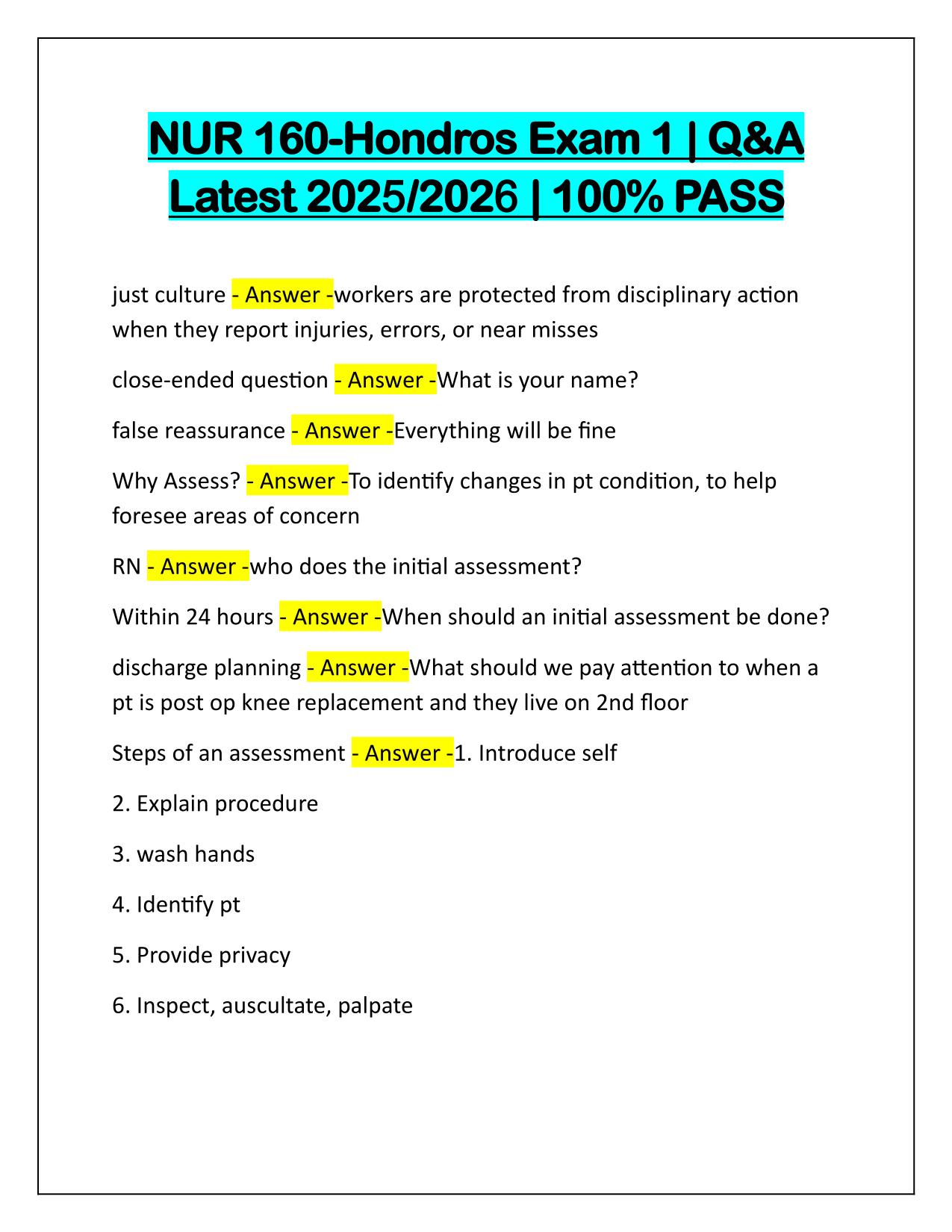 NUR 160-Hondros Exam 1 Q&A 2025 Updated