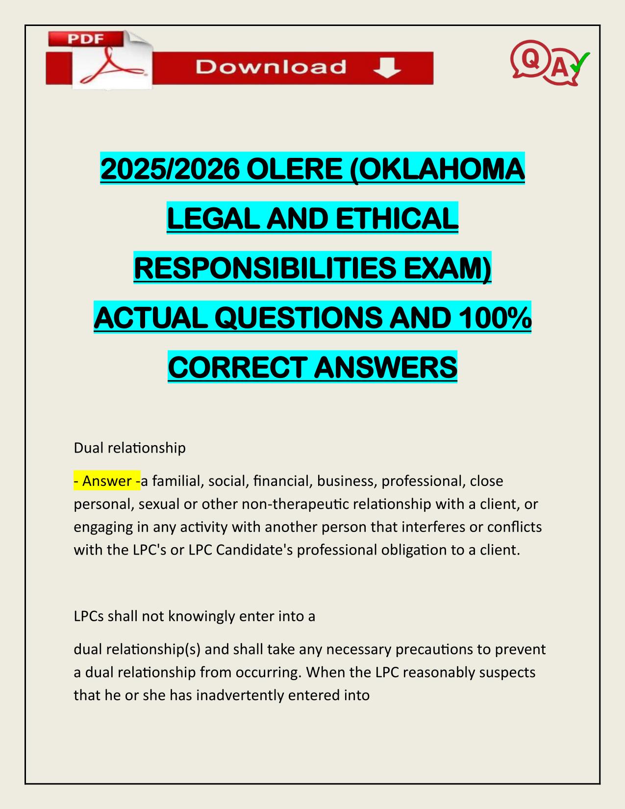 2025/2026 OLERE (OKLAHOMA LEGAL AND ETHICAL RESPONSIBILITIES EXAM) ACTUAL Q&A