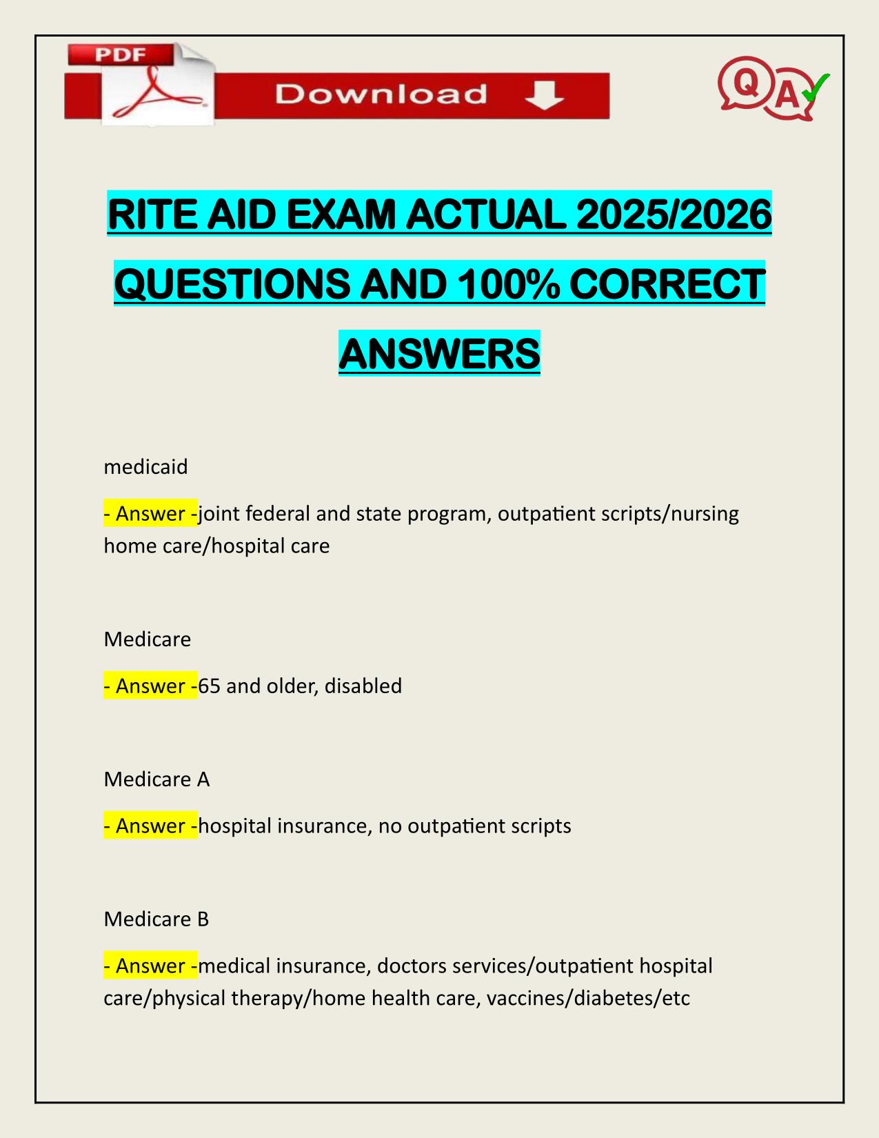 RITE AID EXAM ACTUAL 2025/2026 QUESTIONS AND 100% CORRECT ANSWERS
