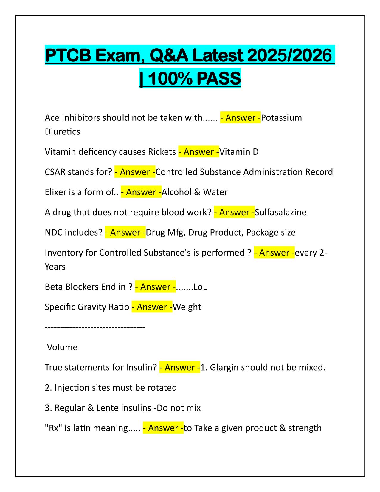 PTCB Exam, Q&A Latest 2025 Graded A