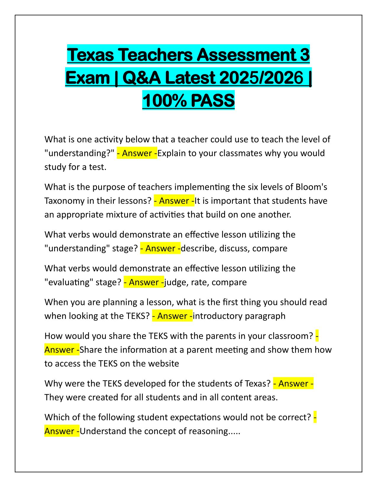 Texas Teachers Assessment 3 Exam Q&A Latest Update