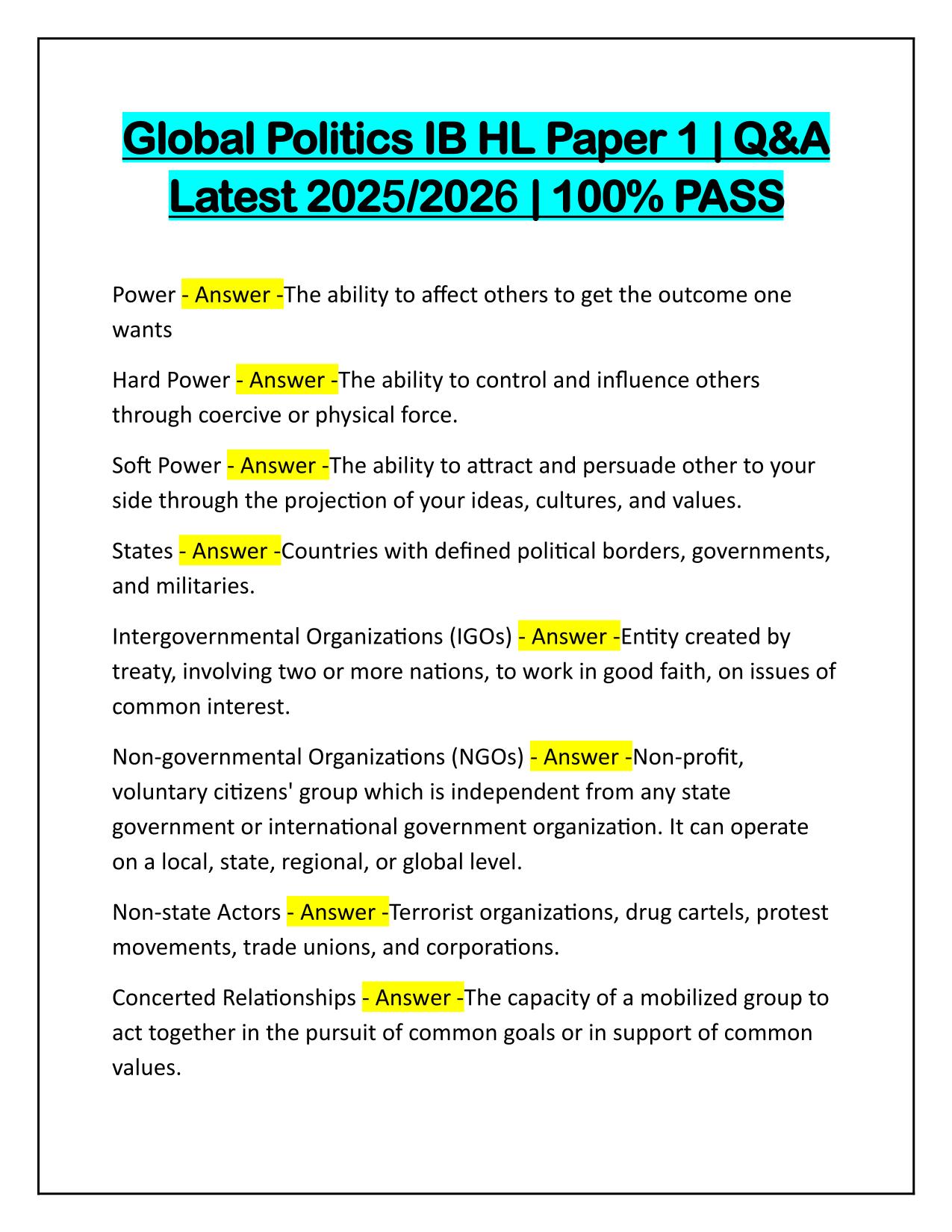 Global Politics IB HL Paper 1 Correctly Answered Latest Update
