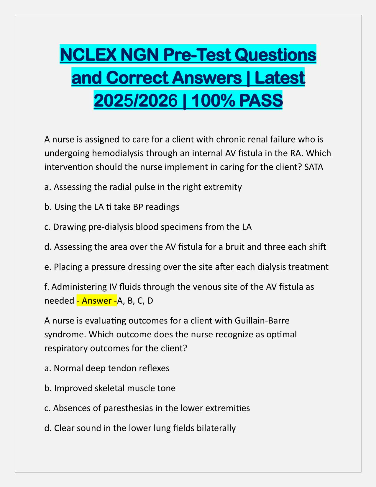 NCLEX NGN Pre-Test Q&A Latest Update