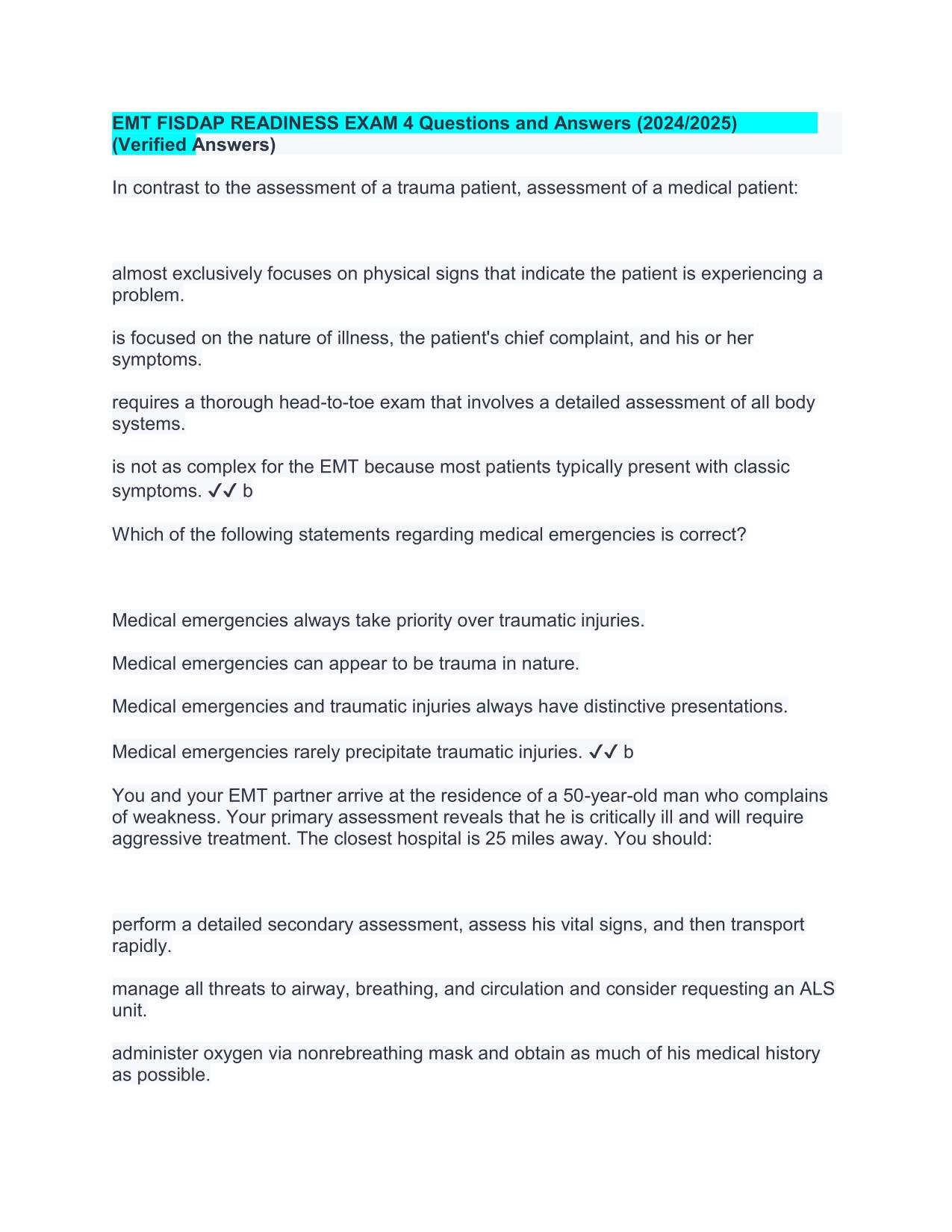 EMT FISDAP READINESS EXAM 4 Questions and Answers (2025/2026) (Verified Answers) PDF Download