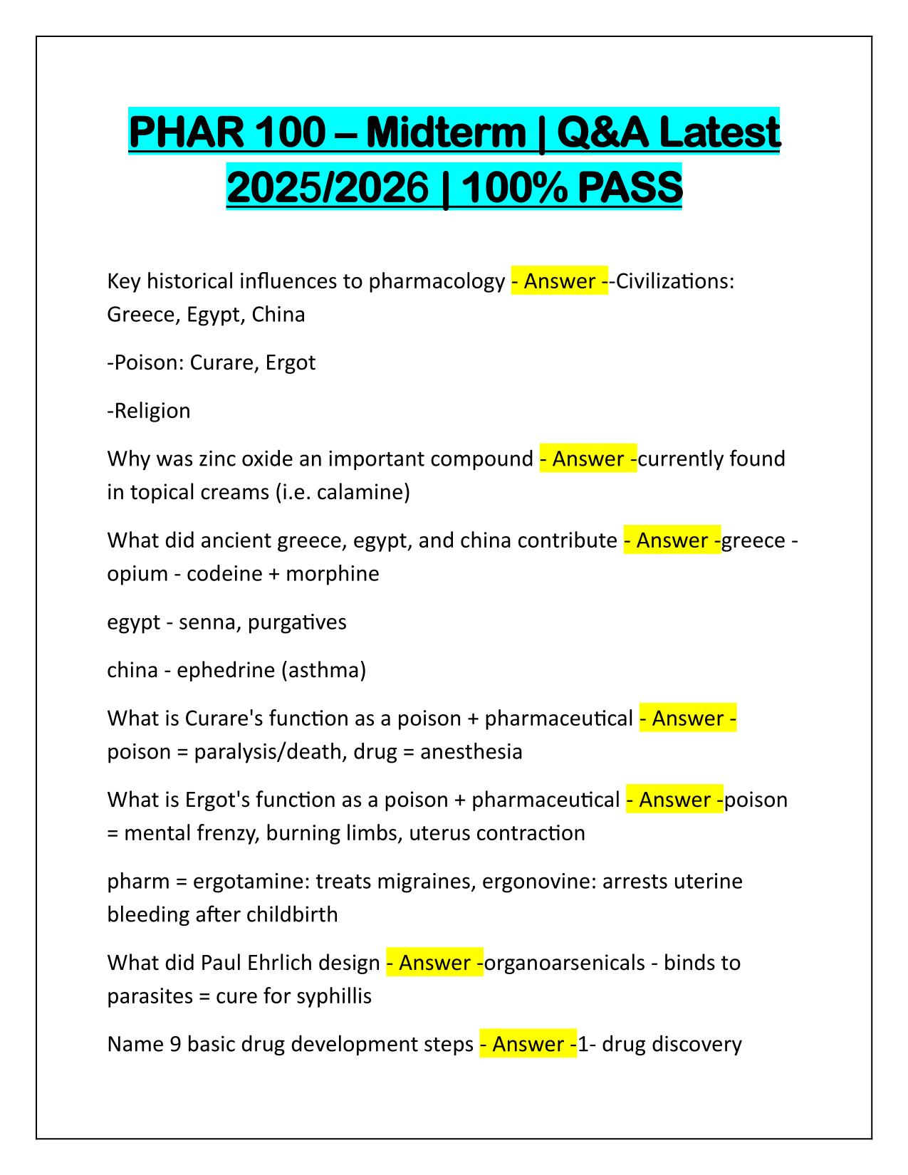 PHAR 100–Midterm Q&A Latest Update 2025-2026