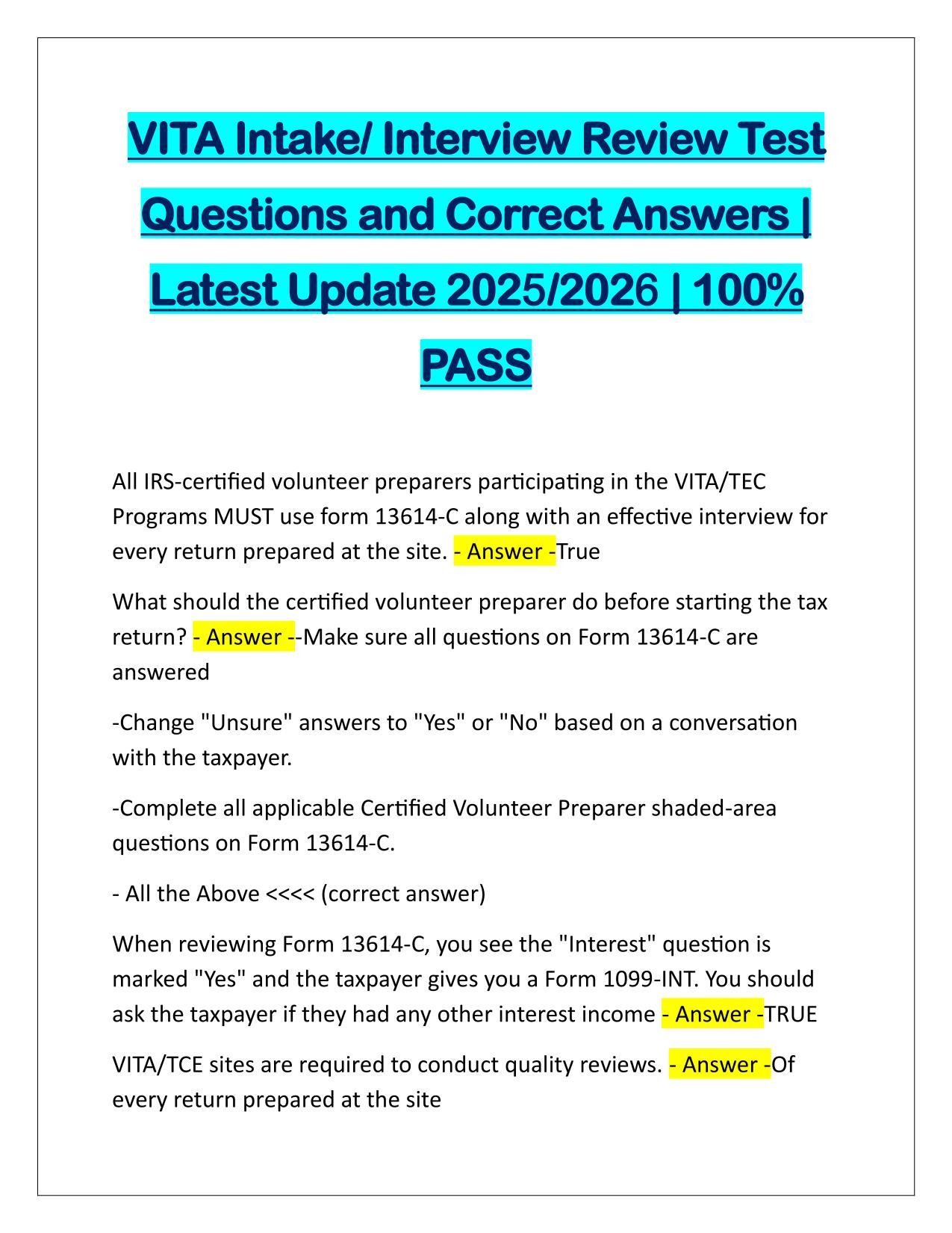 VITA Intake, Interview Review Test Q&A Latest 2025-2026