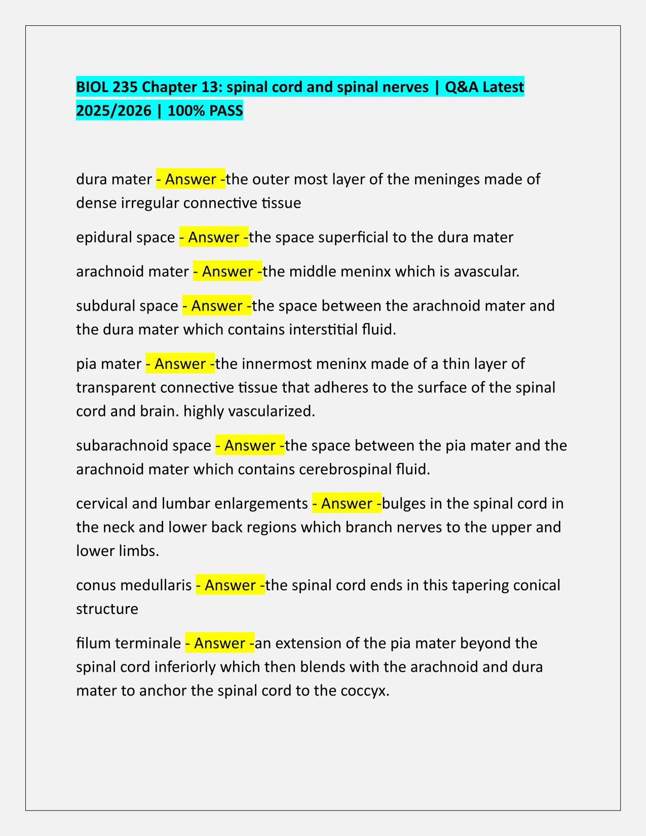 BIOL 235 Chapter 13 spinal cord and spinal nerves Q&A Latest Update