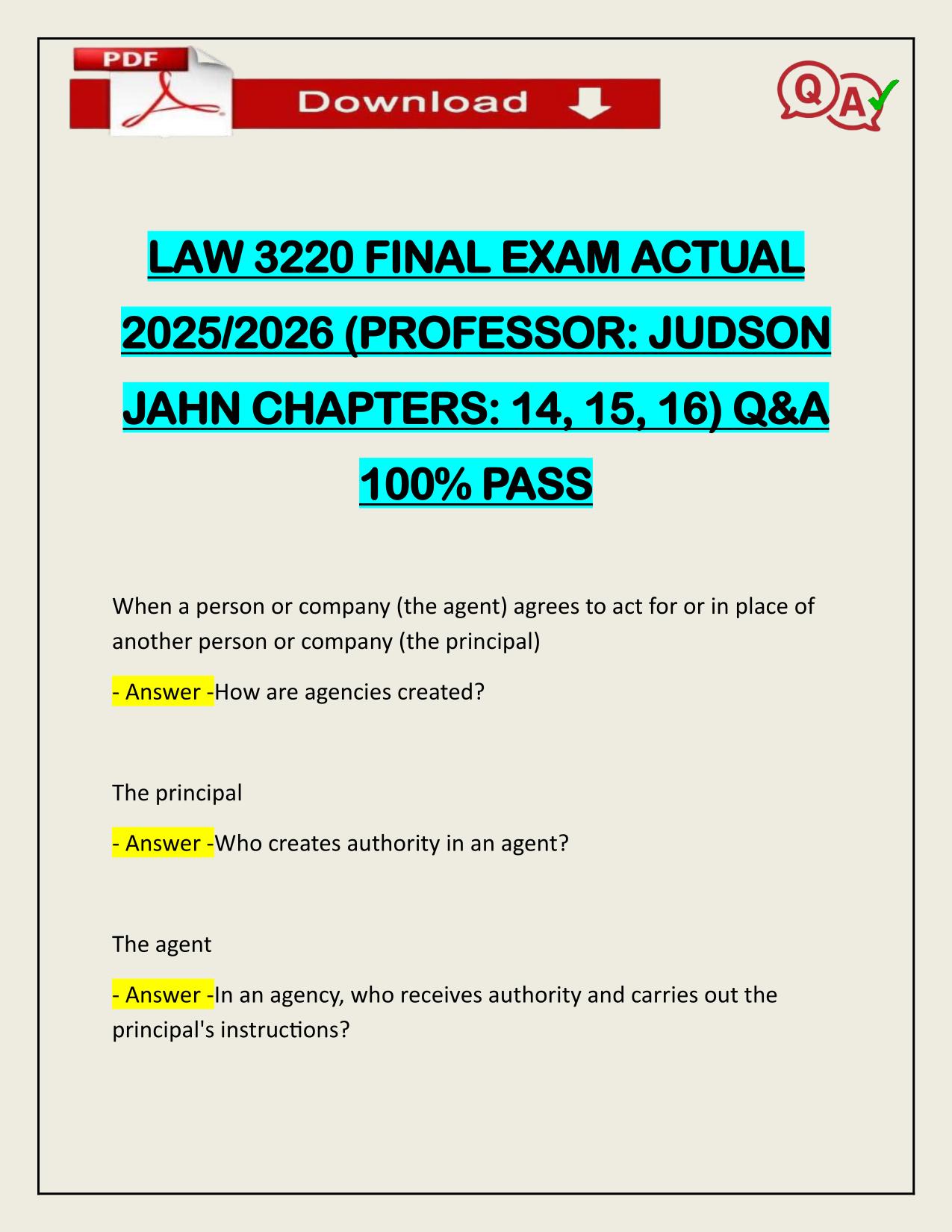 LAW 3220 FINAL EXAM ACTUAL 2025/2026 (PROFESSOR: JUDSON JAHN CHAPTERS: 14, 15, 16)