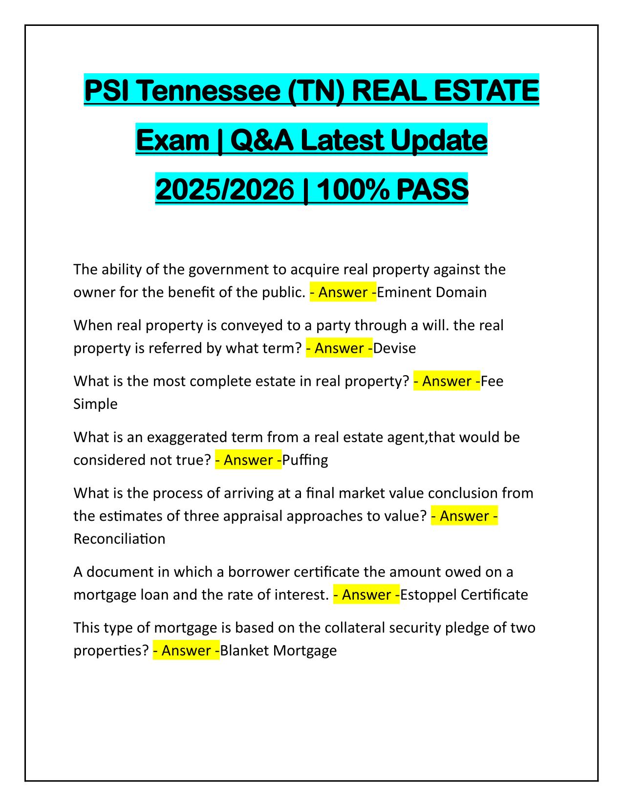 PSI Tennessee (TN) REAL ESTATE Exam Correctly Answered 2025 Update 100% PASS