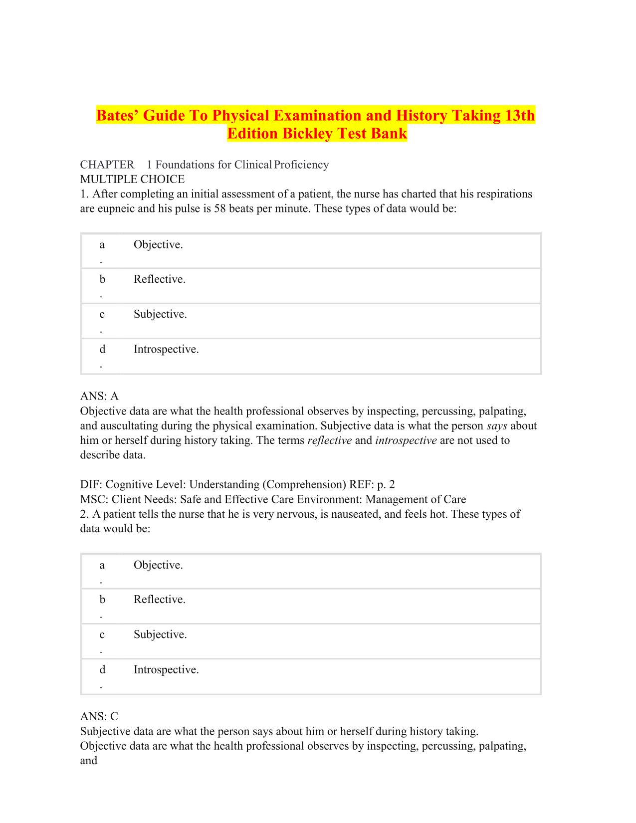 Test Bank Bates Guide to Physical Examination and History Taking 13th Edition By Bickley, ISBN:9781975210533 