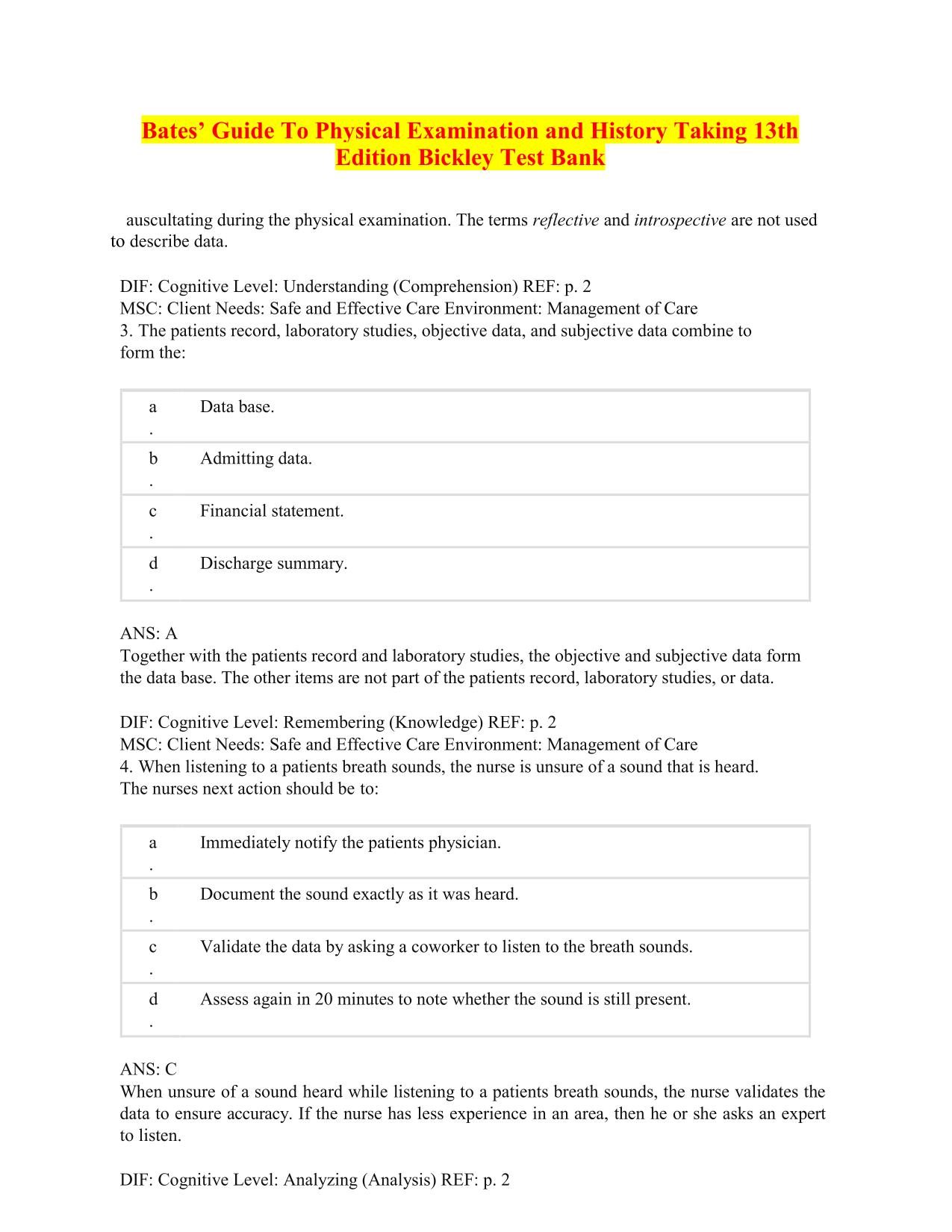 Test Bank Bates Guide to Physical Examination and History Taking 13th Edition By Bickley, ISBN:9781975210533 
