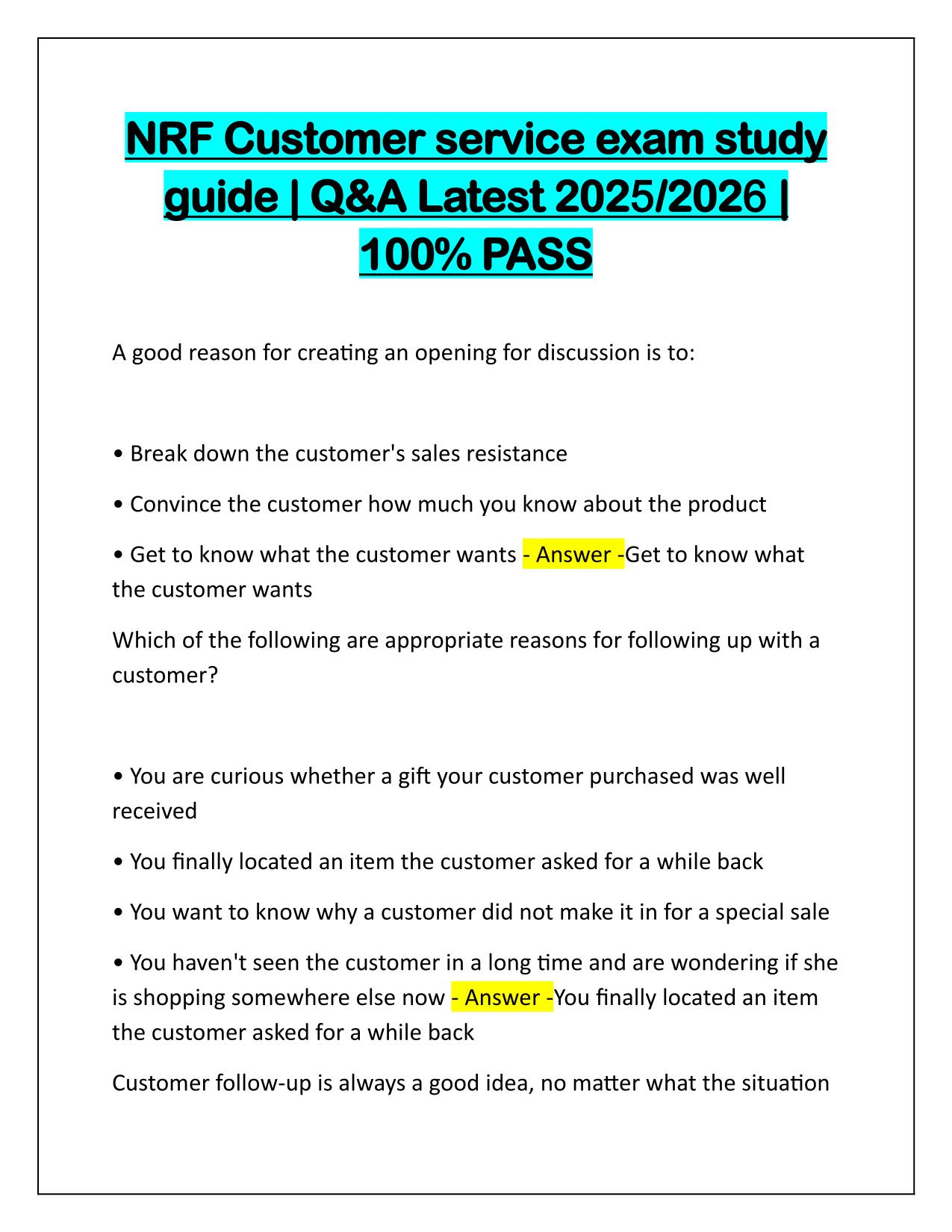 Bundle for Customer Service NRF Exams Q&A Latest Update 2025-2026
