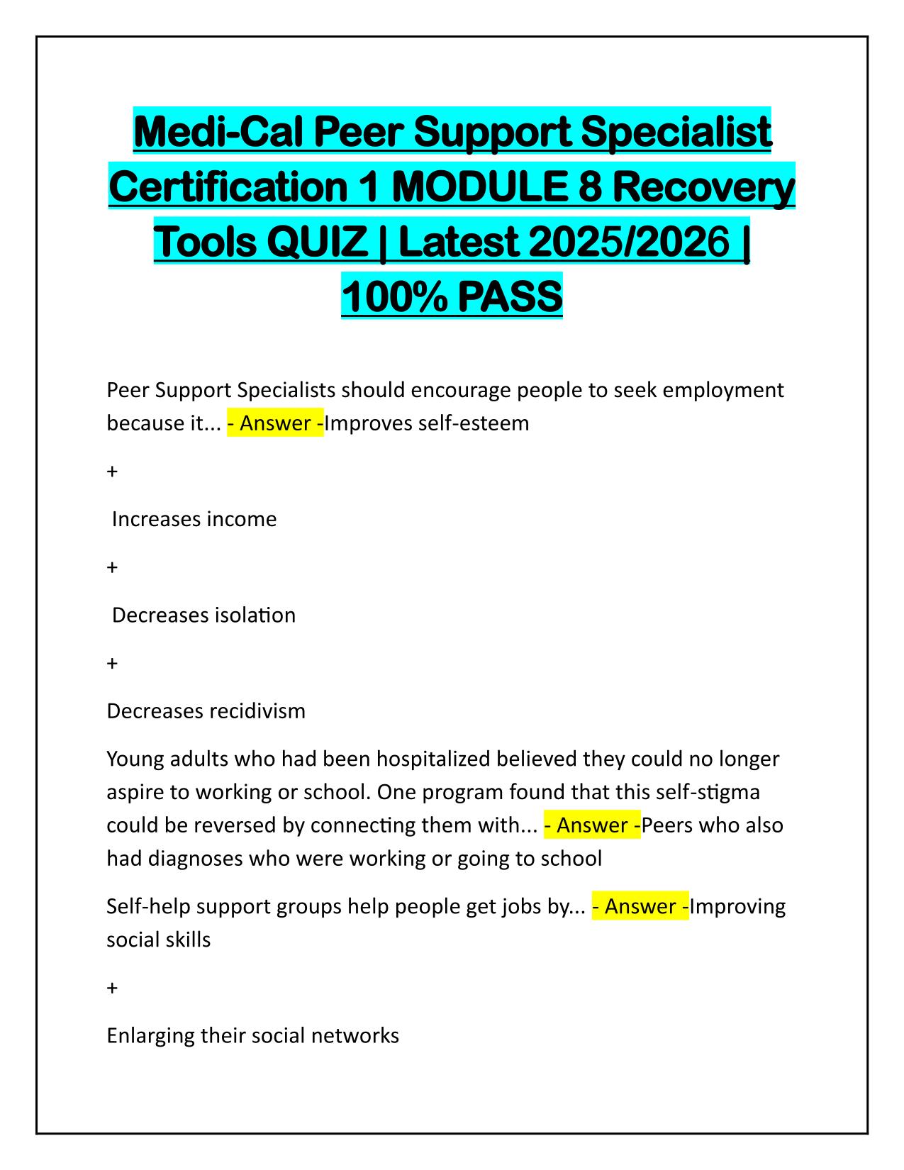 Medi-Cal Peer Support Specialist Certification 1 MODULE 8 Recovery Tools QUIZ Q&A Latest 2025 Update