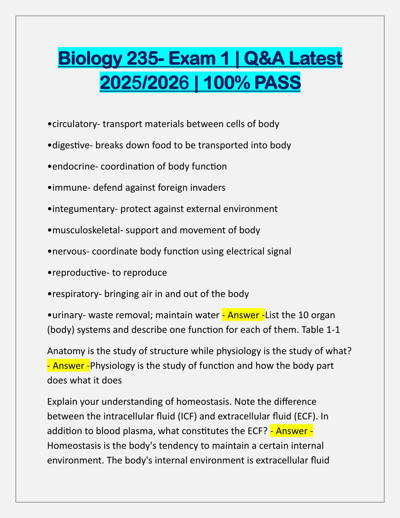 Biology 235-Exam 1 Q&A Latest Update