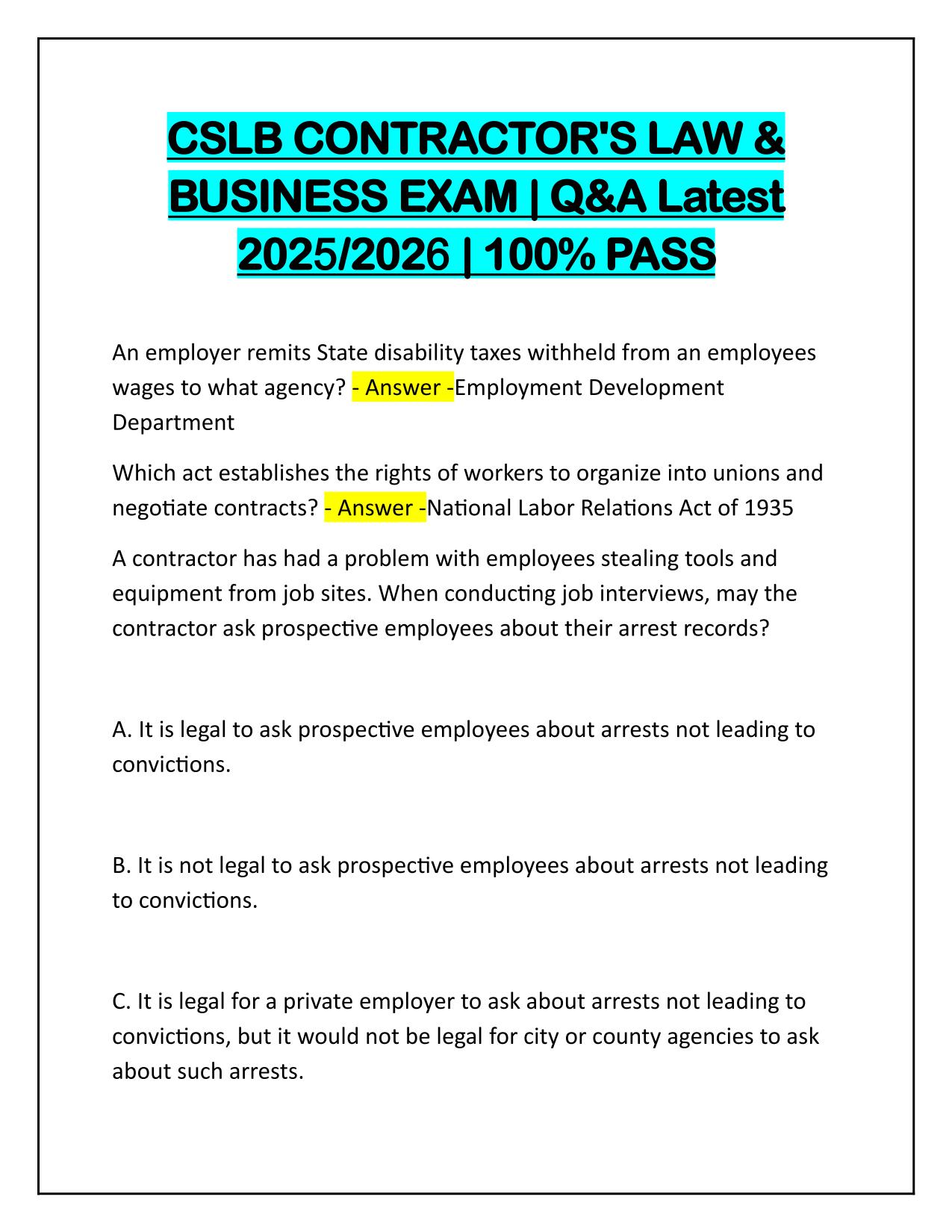 Bundle for CSLB CONTRACTOR'S Exams | Q&A Latest Update | 100% PASS