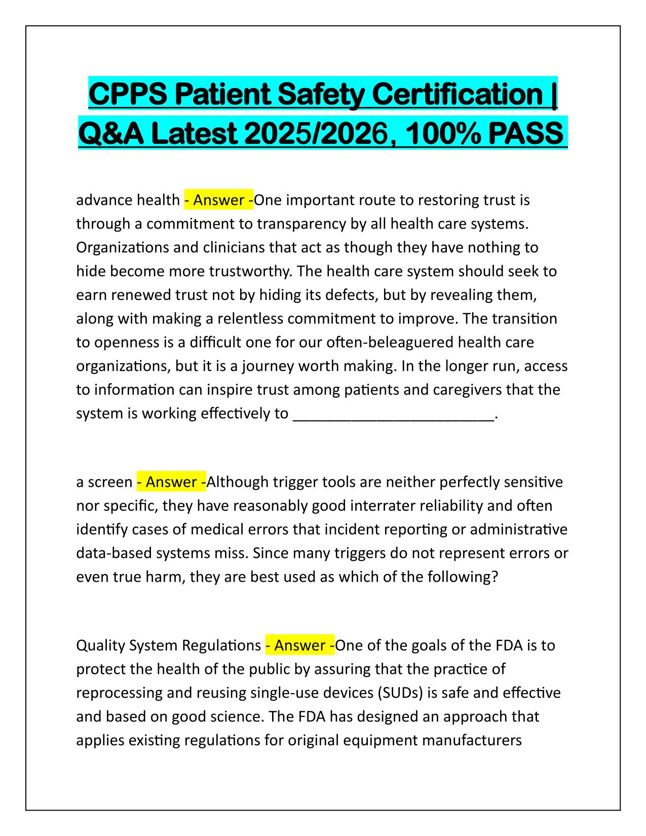CPPS Patient Safety Certification Correctly Answered Latest