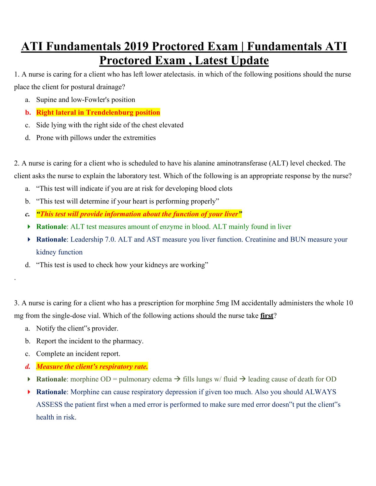 ATI Fundamentals 2019 Proctored Exam (2025/2026) PDF Download Q&A