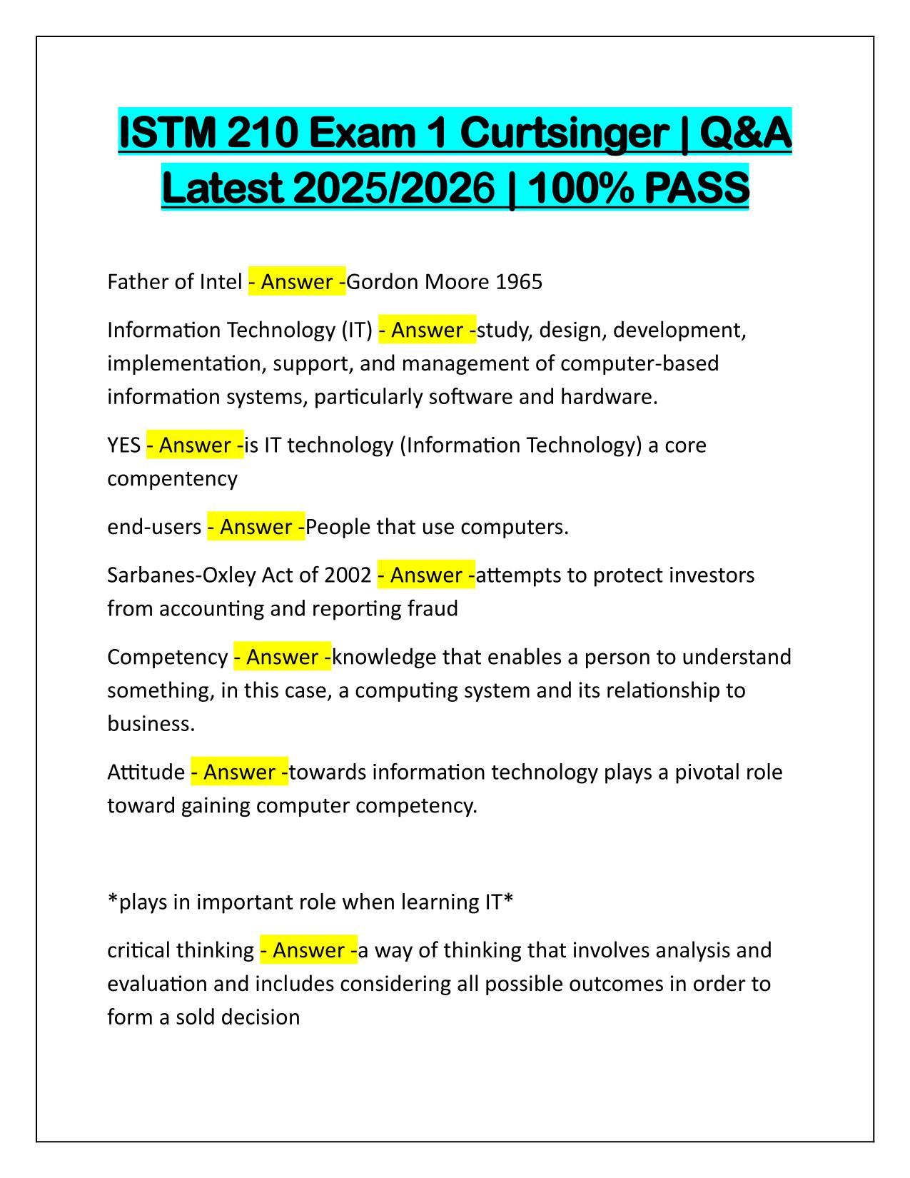ISTM 210 Exam 1 Curtsinger Q&A Latest Update