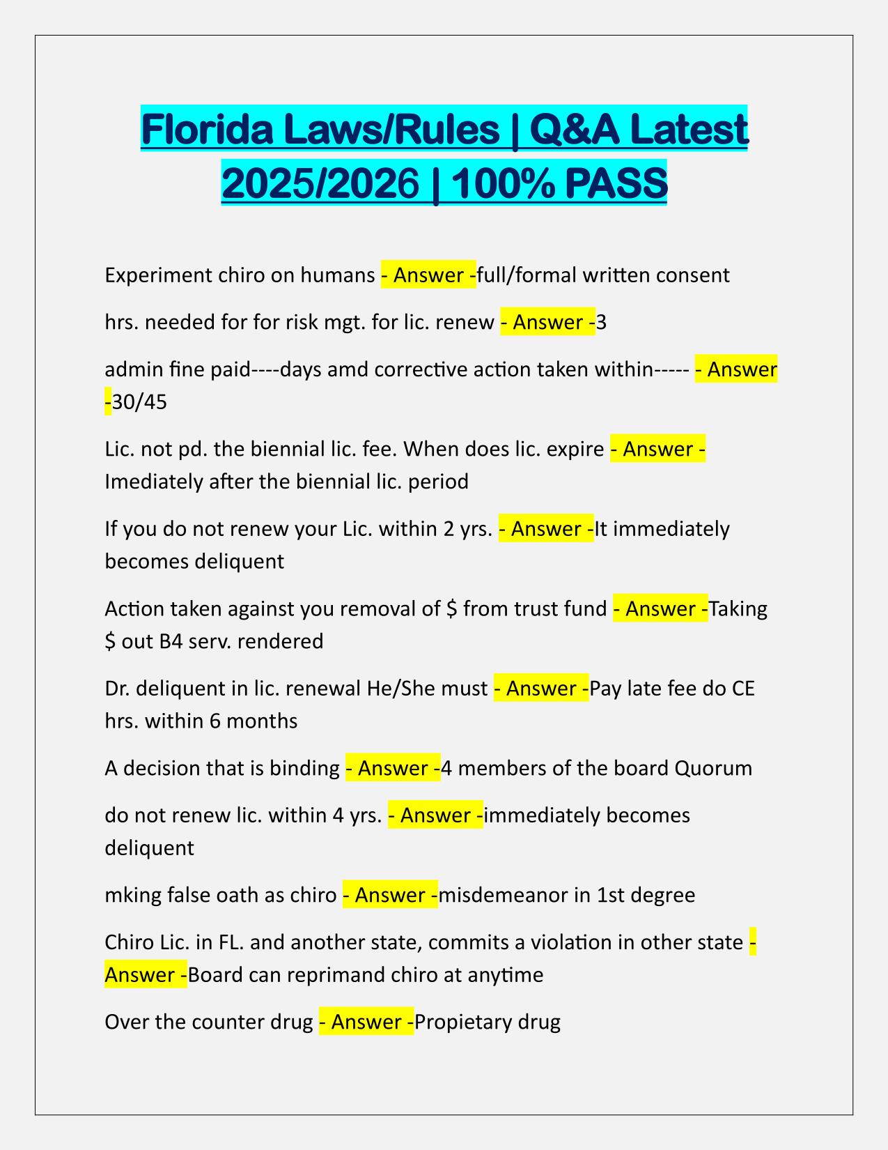 Florida Laws and Rules Test Q&A Latest Update
