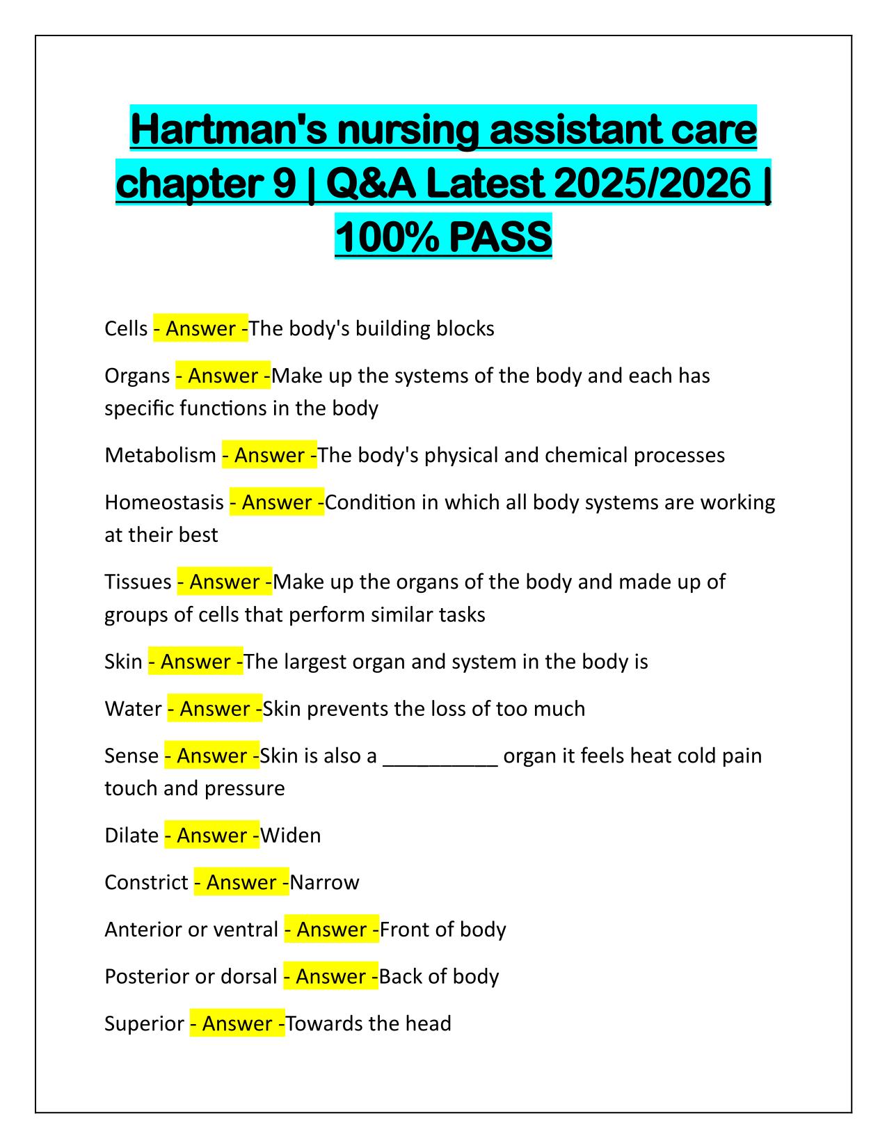 Hartman's nursing assistant care chapter 9 Q&A Latest Update 2025