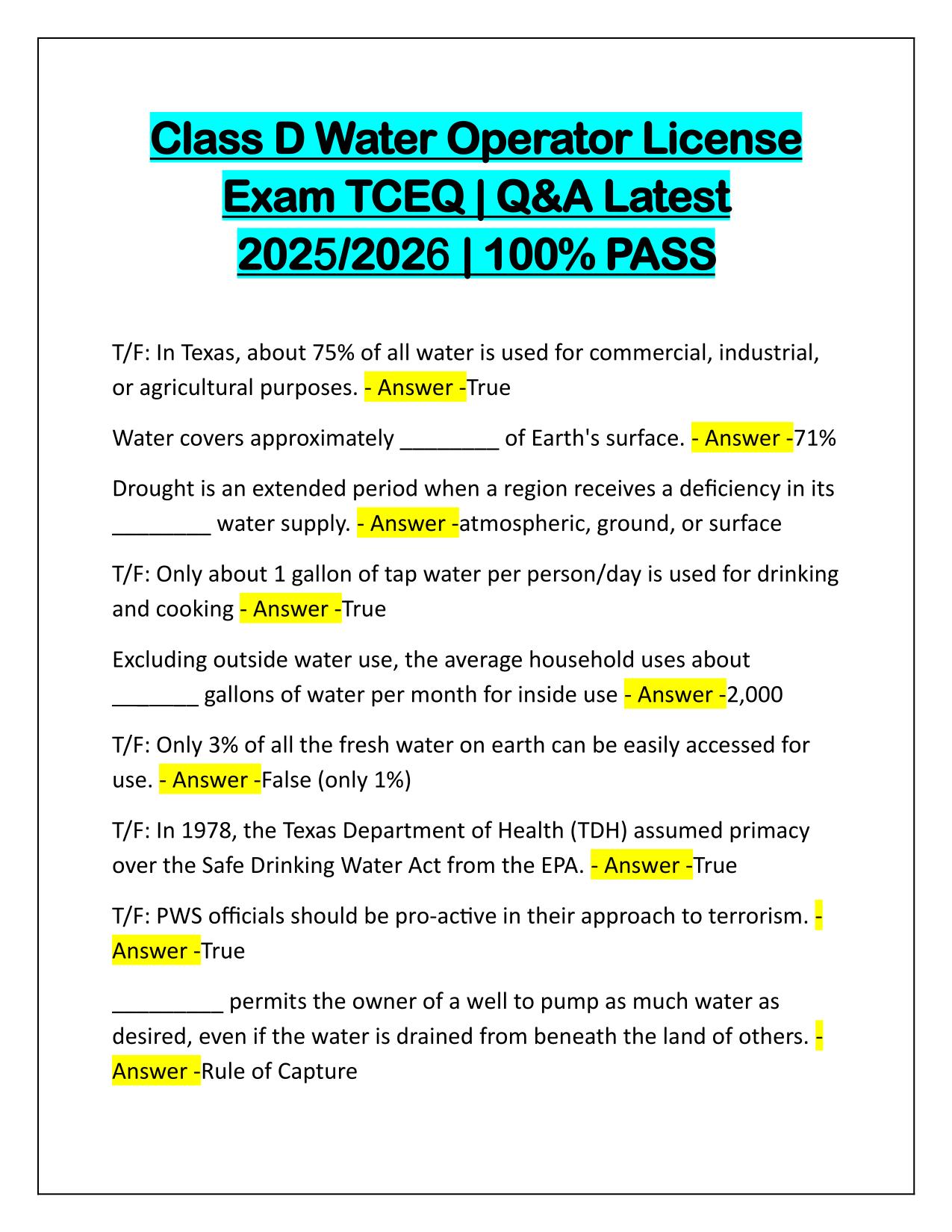 Class D Water Operator License Exam TCEQ Q&A Latest Update