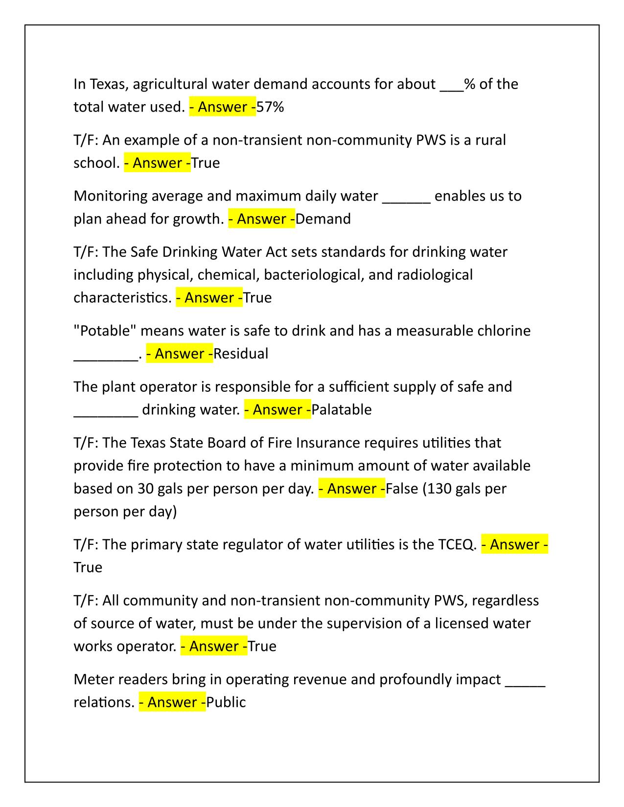 Class D Water Operator License Exam TCEQ Q&A Latest Update