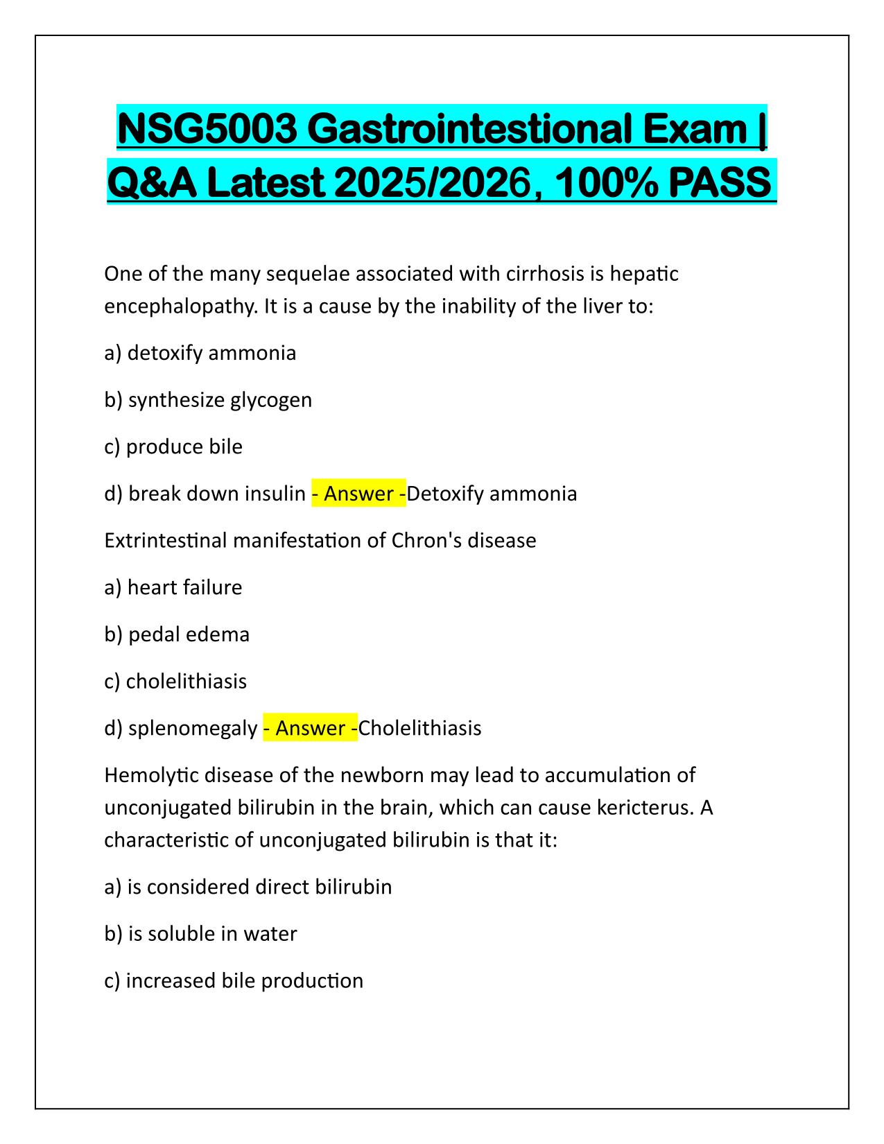 NSG5003 Gastrointestional Exam Questions and Correct Answers Latest